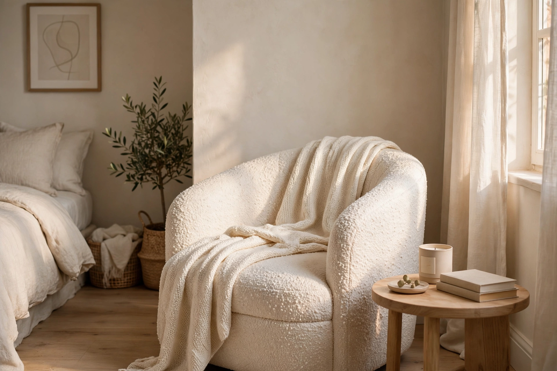 Ivory boucle accent chair in a bedroom corner