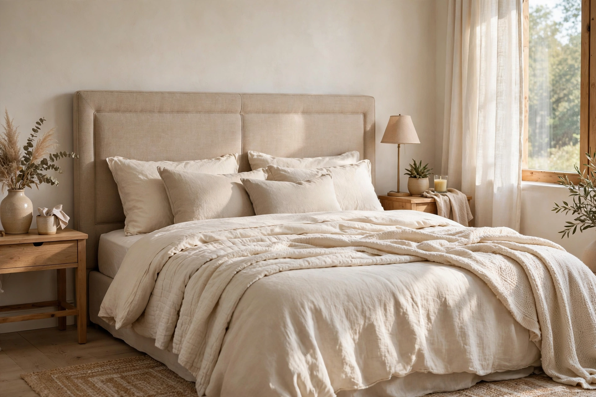Upholstered linen headboard on a neutral bed