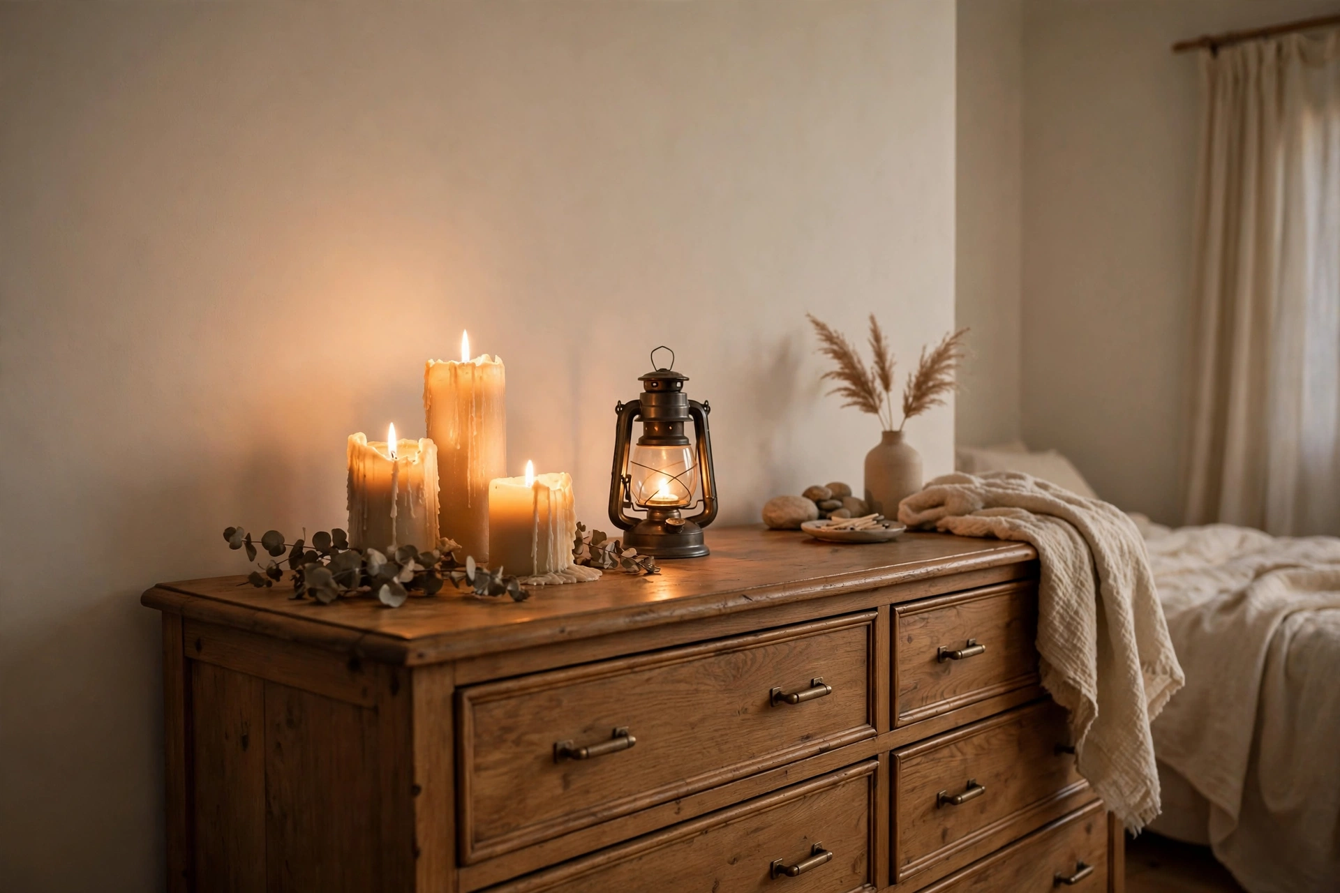 Glowing candles and lanterns on a bedroom dresser