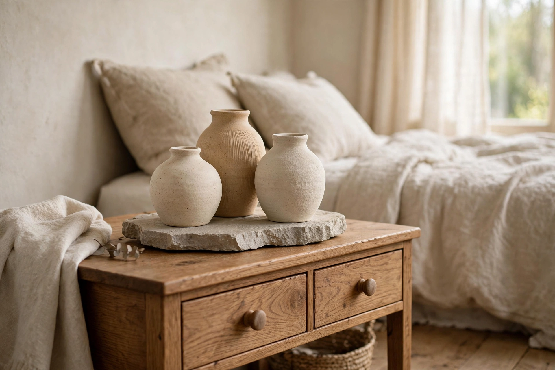 Handmade ceramic vases and a stone tray on a nightstand