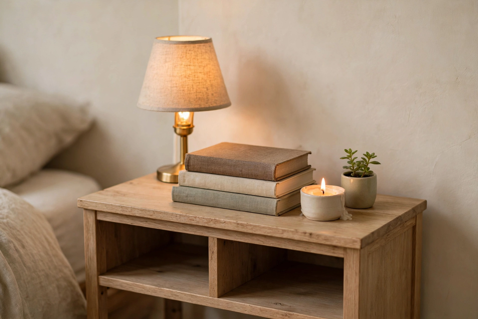 Simply styled nightstand with lamp, books, candle and plant