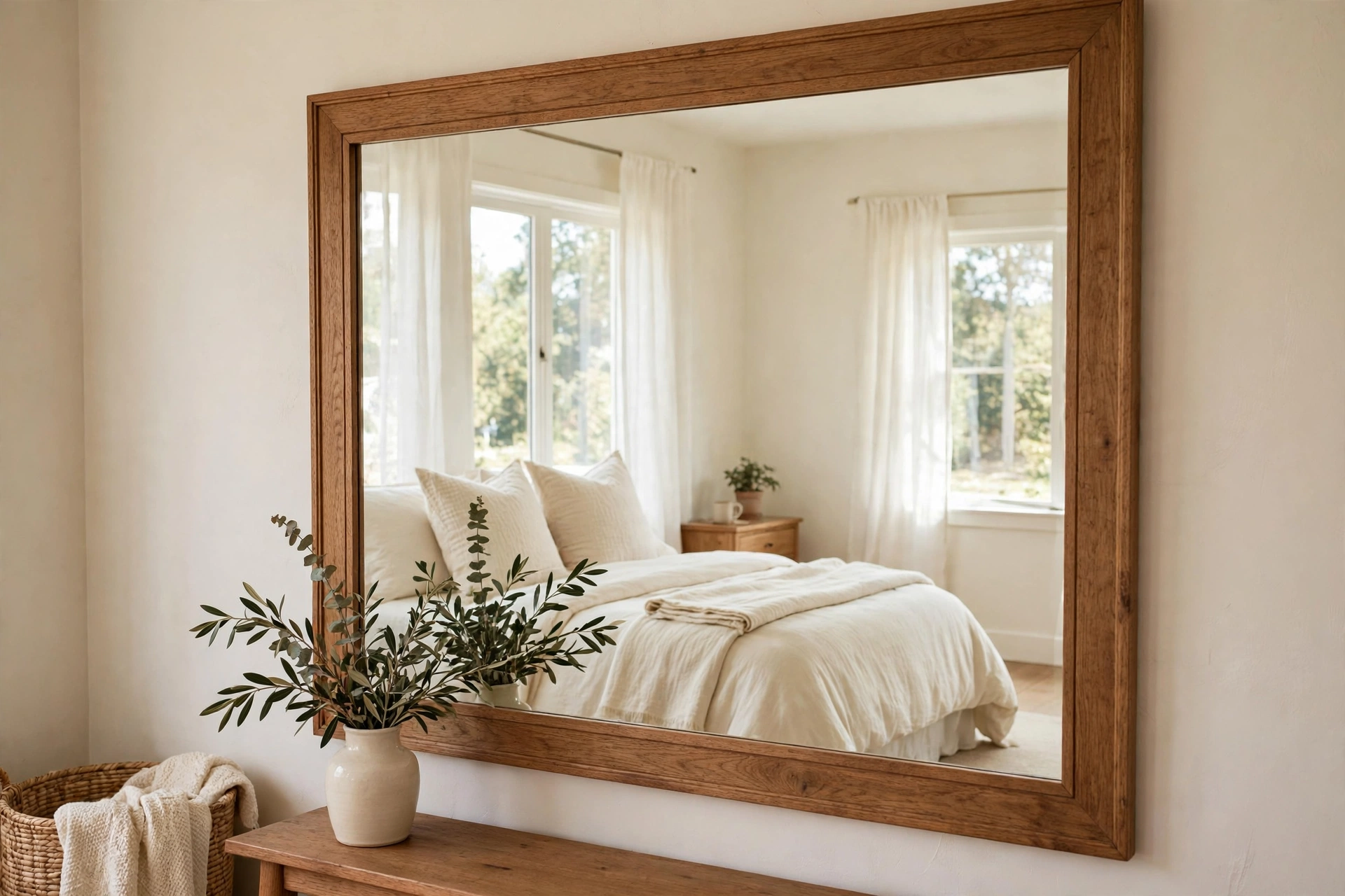 Large mirror in a wood frame reflecting light in a bedroom