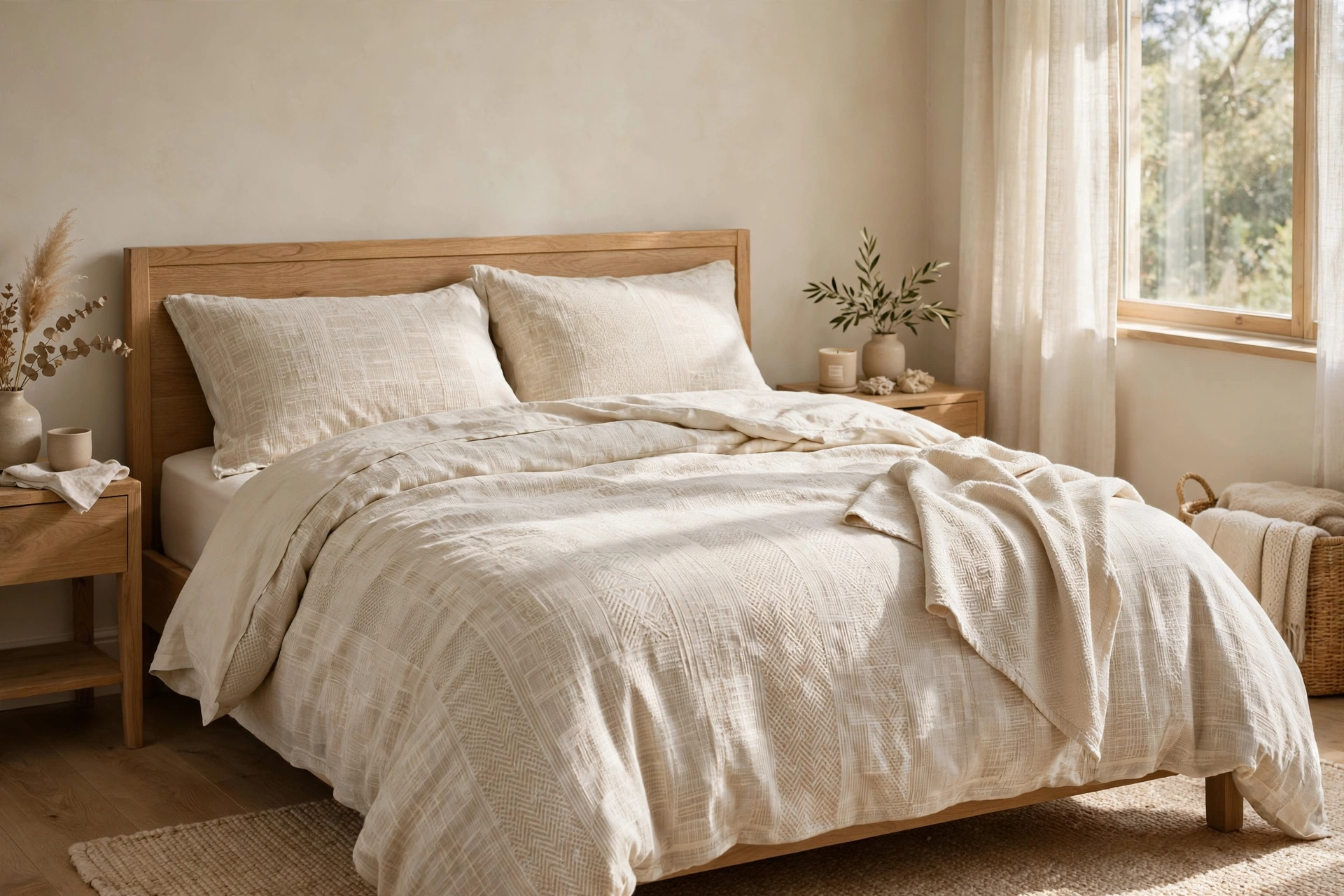 Subtle tone-on-tone patterned bedding in a neutral bedroom