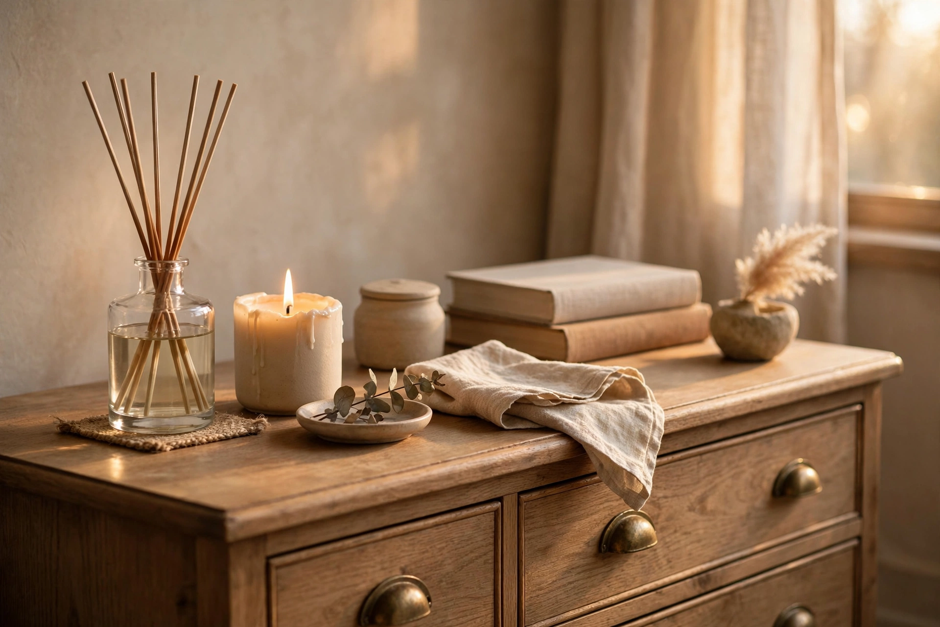 Reed diffuser and candle vignette on a dresser
