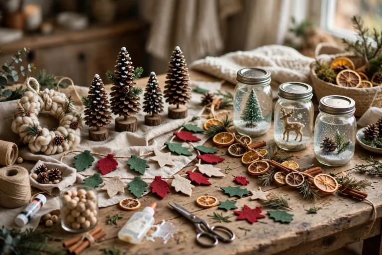 Festive DIY Christmas crafts flat lay with ornaments, garlands and wreaths