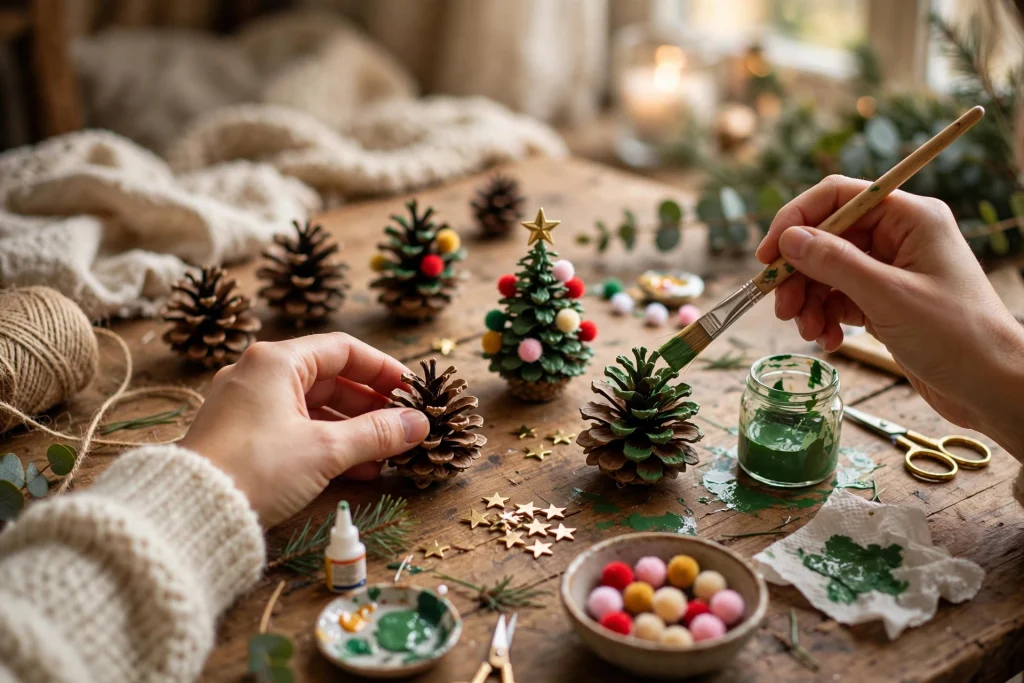DIY pinecone Christmas trees decorated with pom-pom ornaments on wood slices