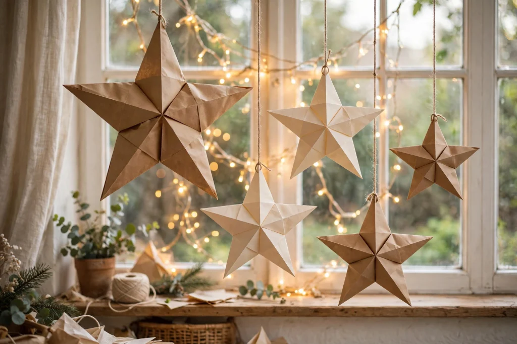 DIY paper bag stars hanging in a window as Christmas craft decor