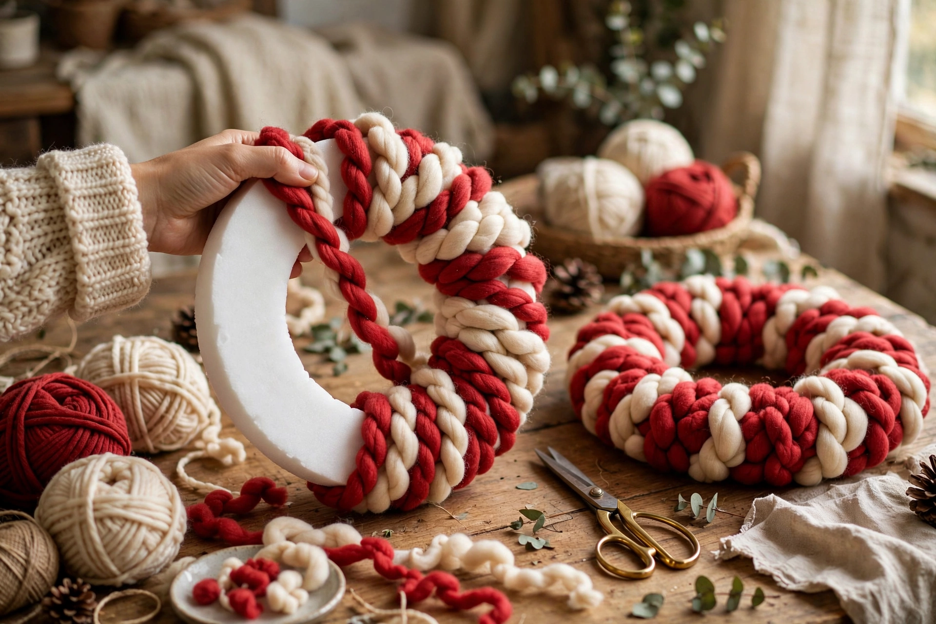 Chunky yarn-wrapped Christmas wreath with felt flowers