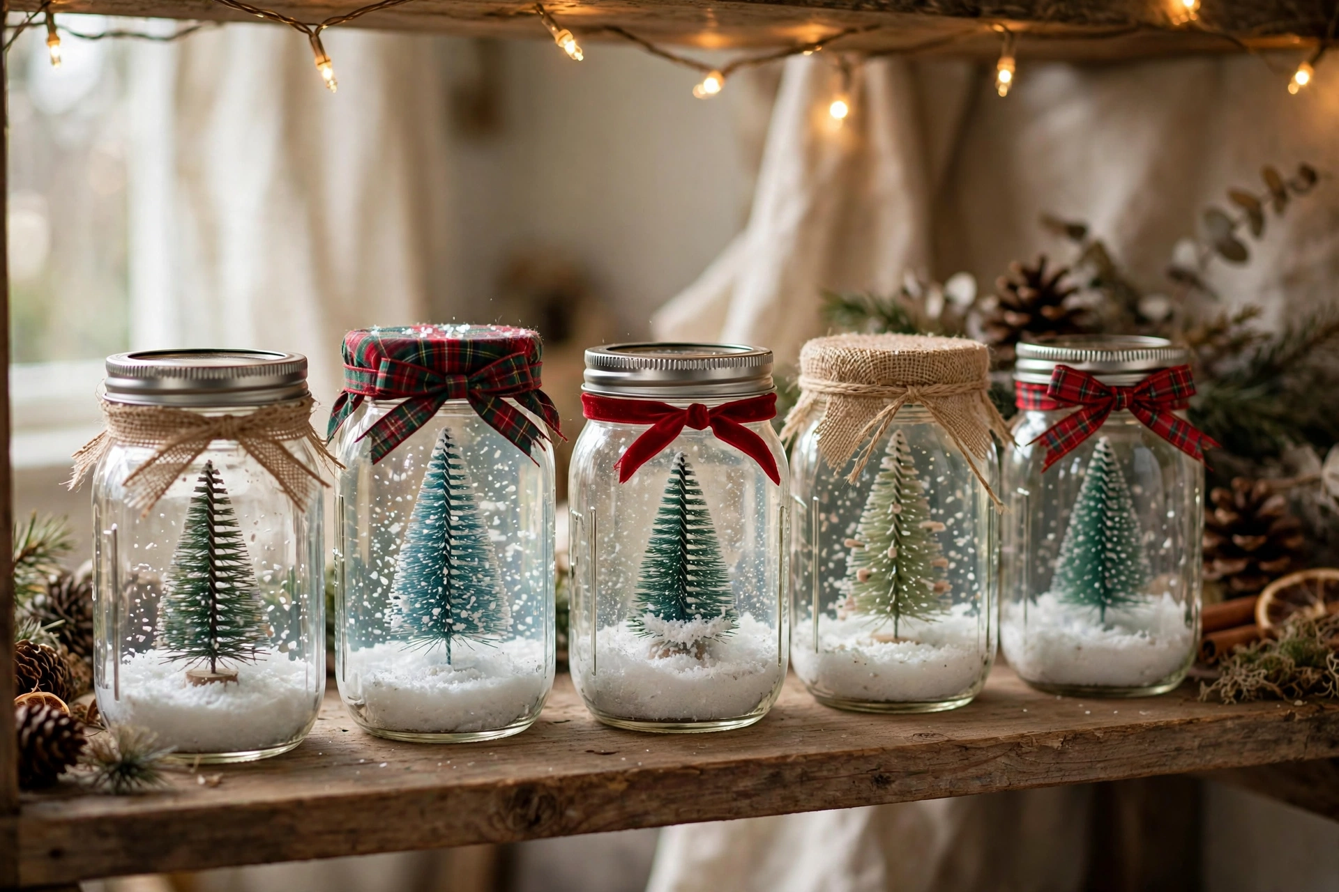 Mason jar snow globes with miniature bottle-brush trees and glitter