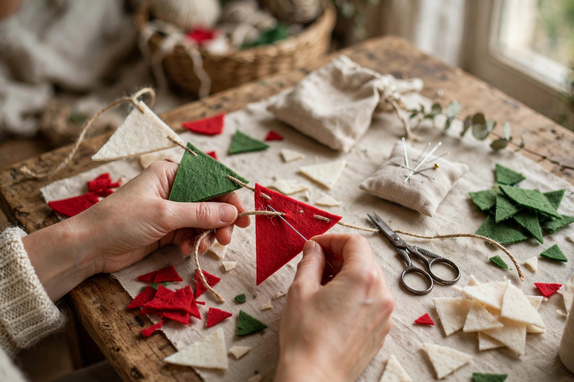 Felt Christmas garland bunting in festive colours on a mantel