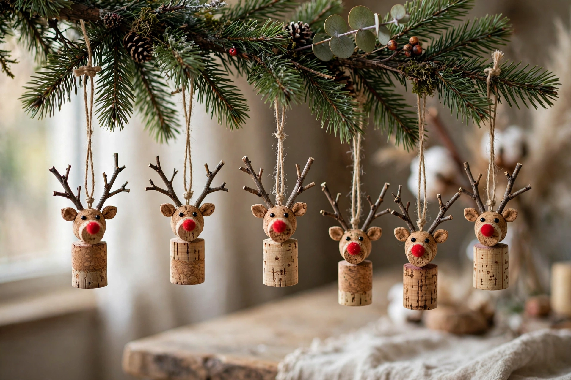 Rustic wine cork reindeer with twig antlers and red pom-pom noses