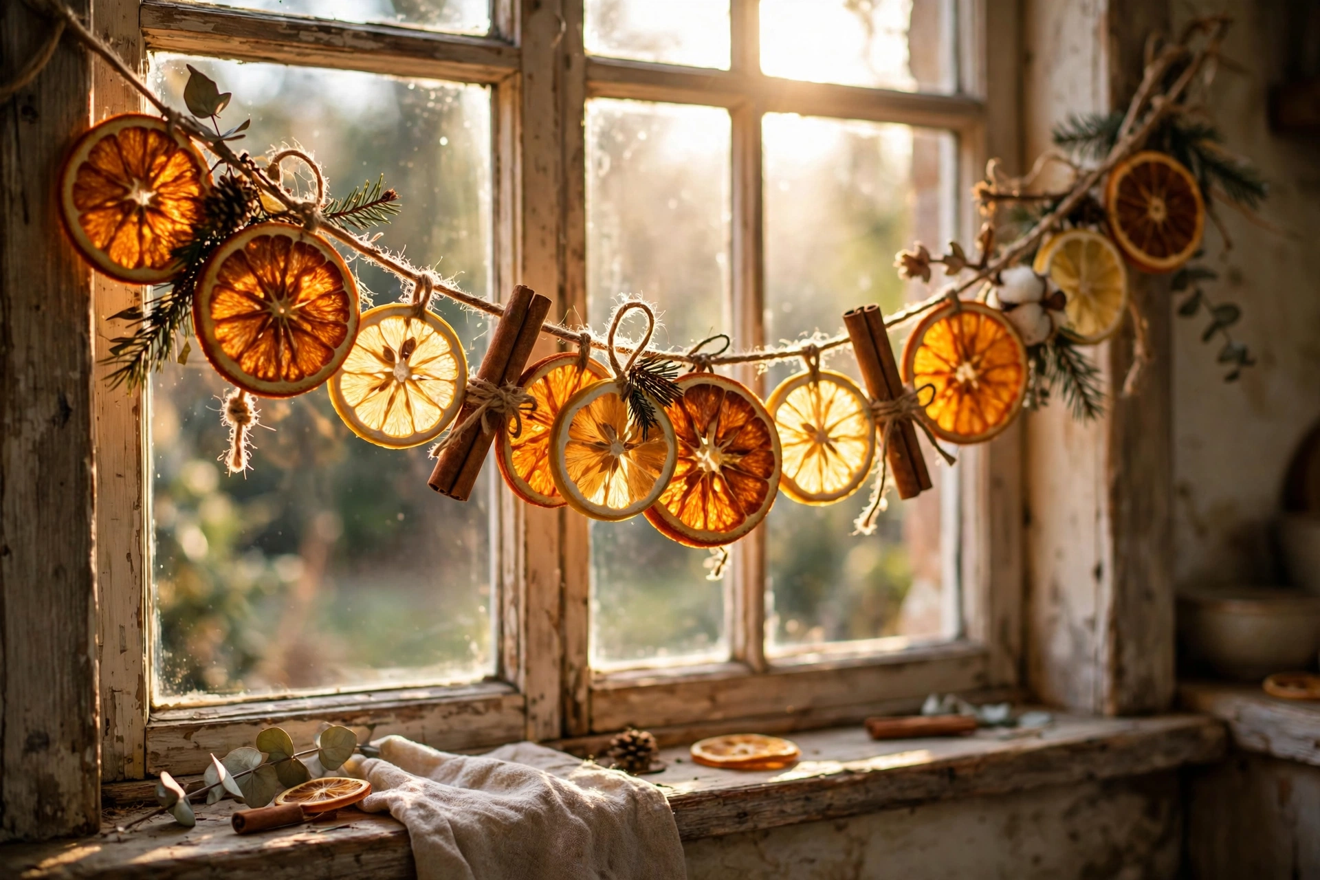 Dried orange slice garland with cinnamon sticks on twine