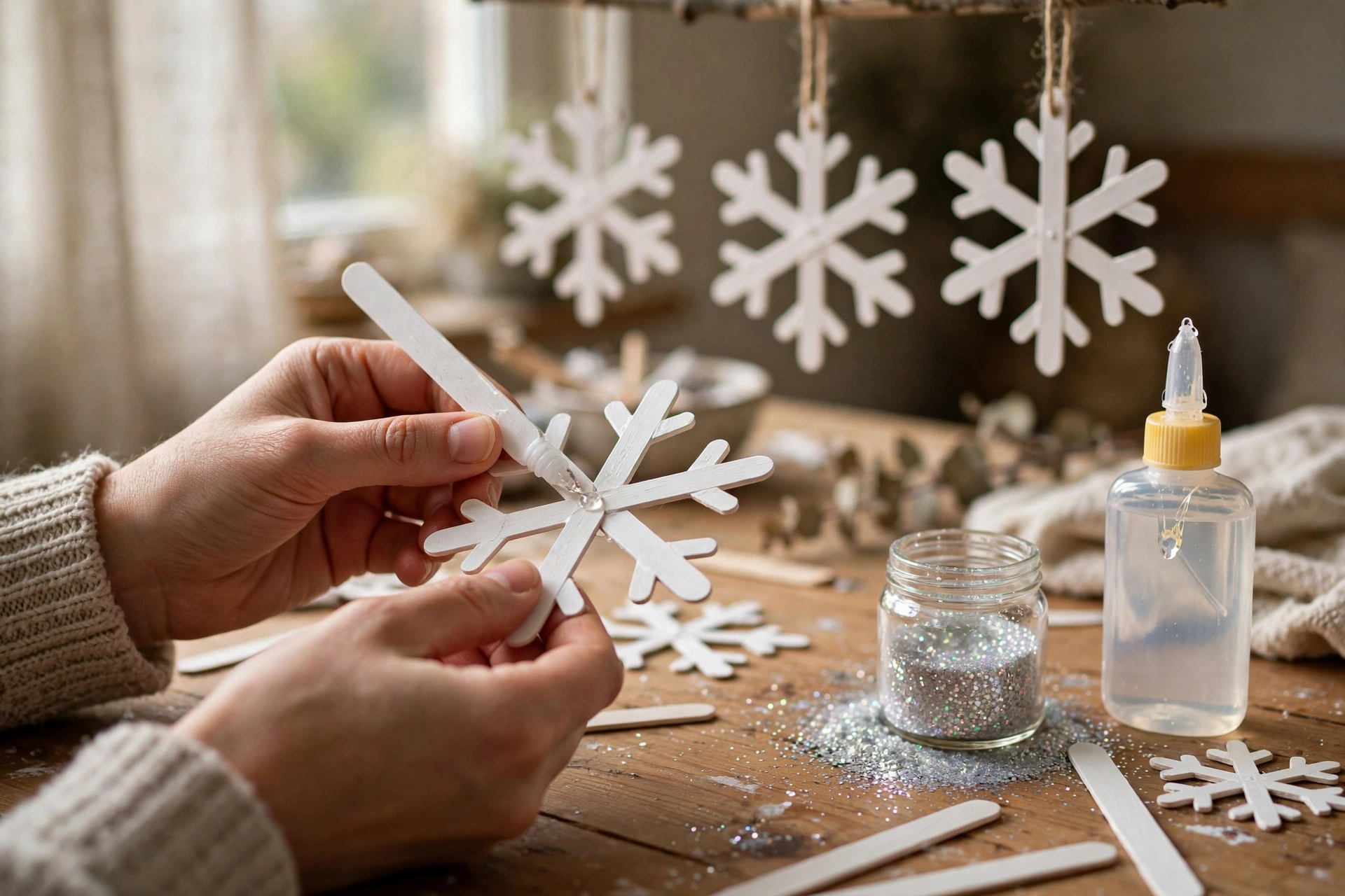 White popsicle stick snowflakes with glitter hanging in a window