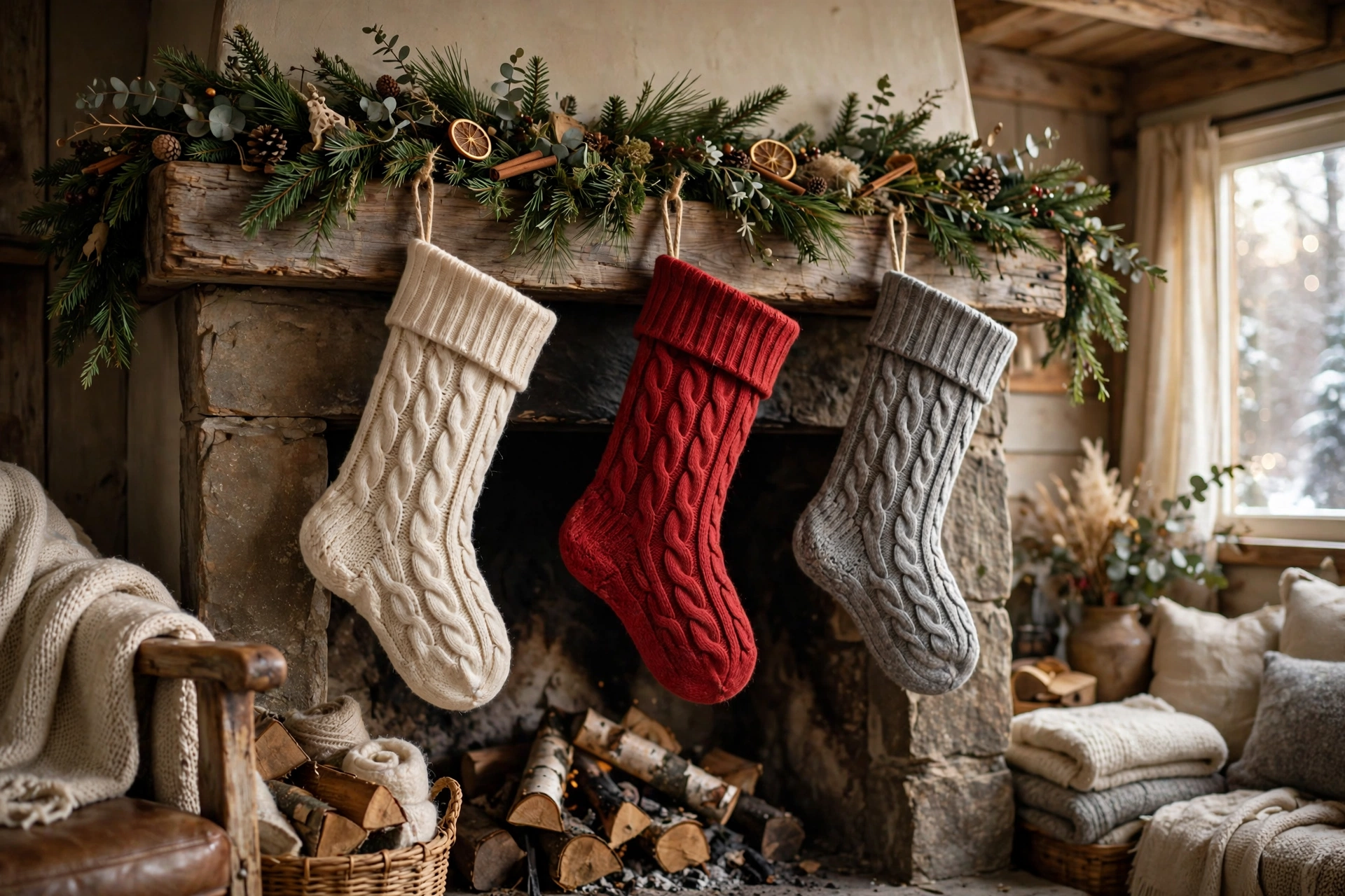 Cream cable-knit sweater Christmas stockings