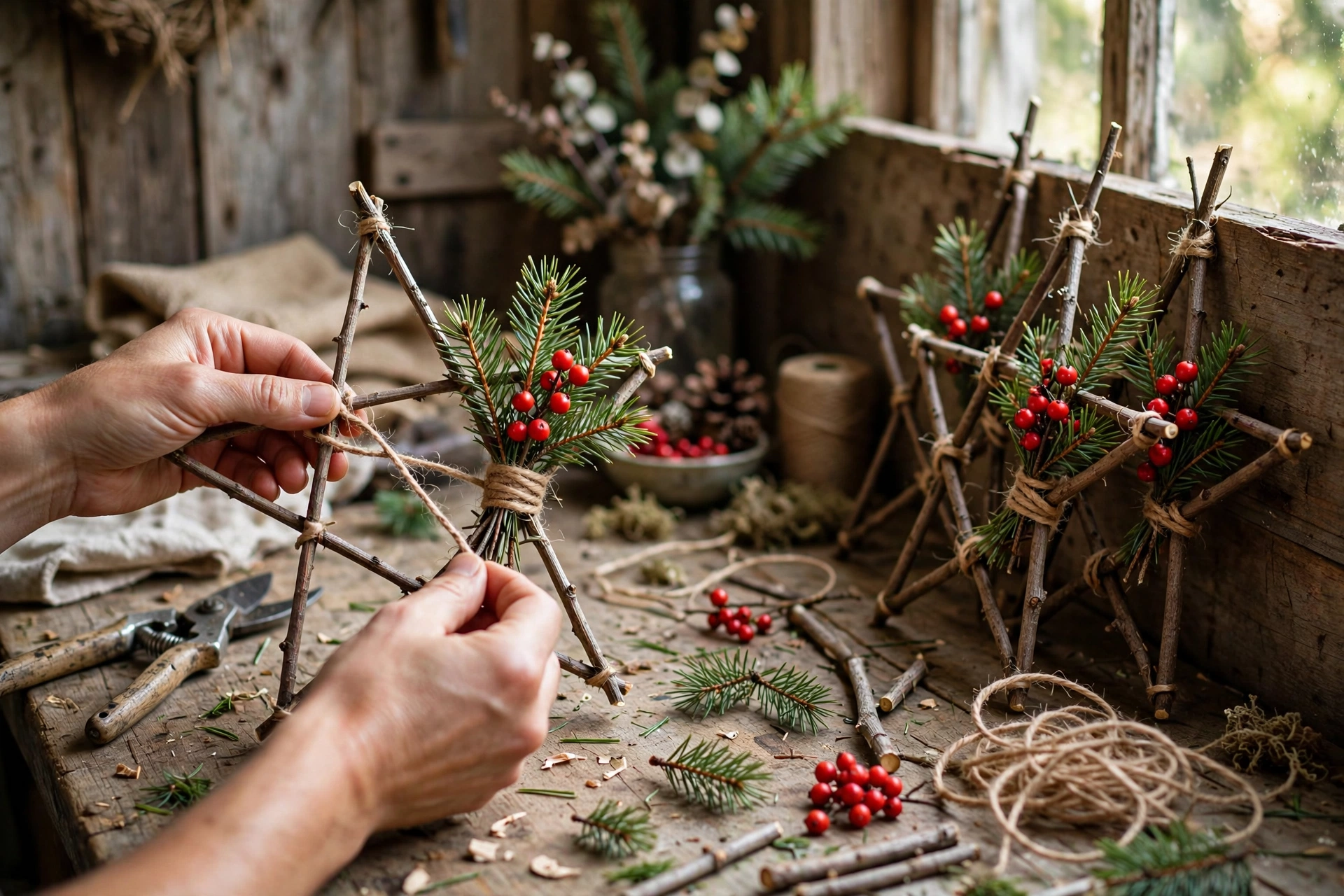 Twig star wall hanging wrapped with warm fairy lights