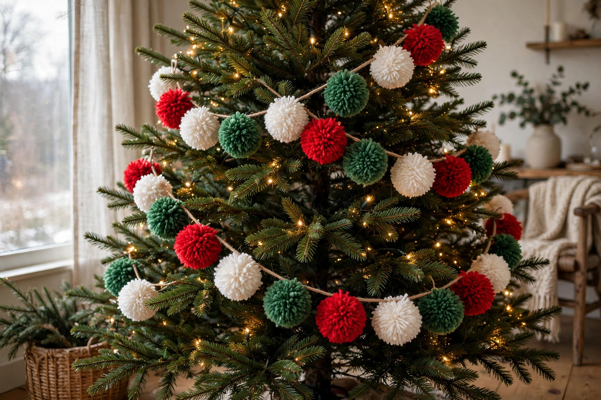 Colourful pom-pom garland strung on embroidery thread