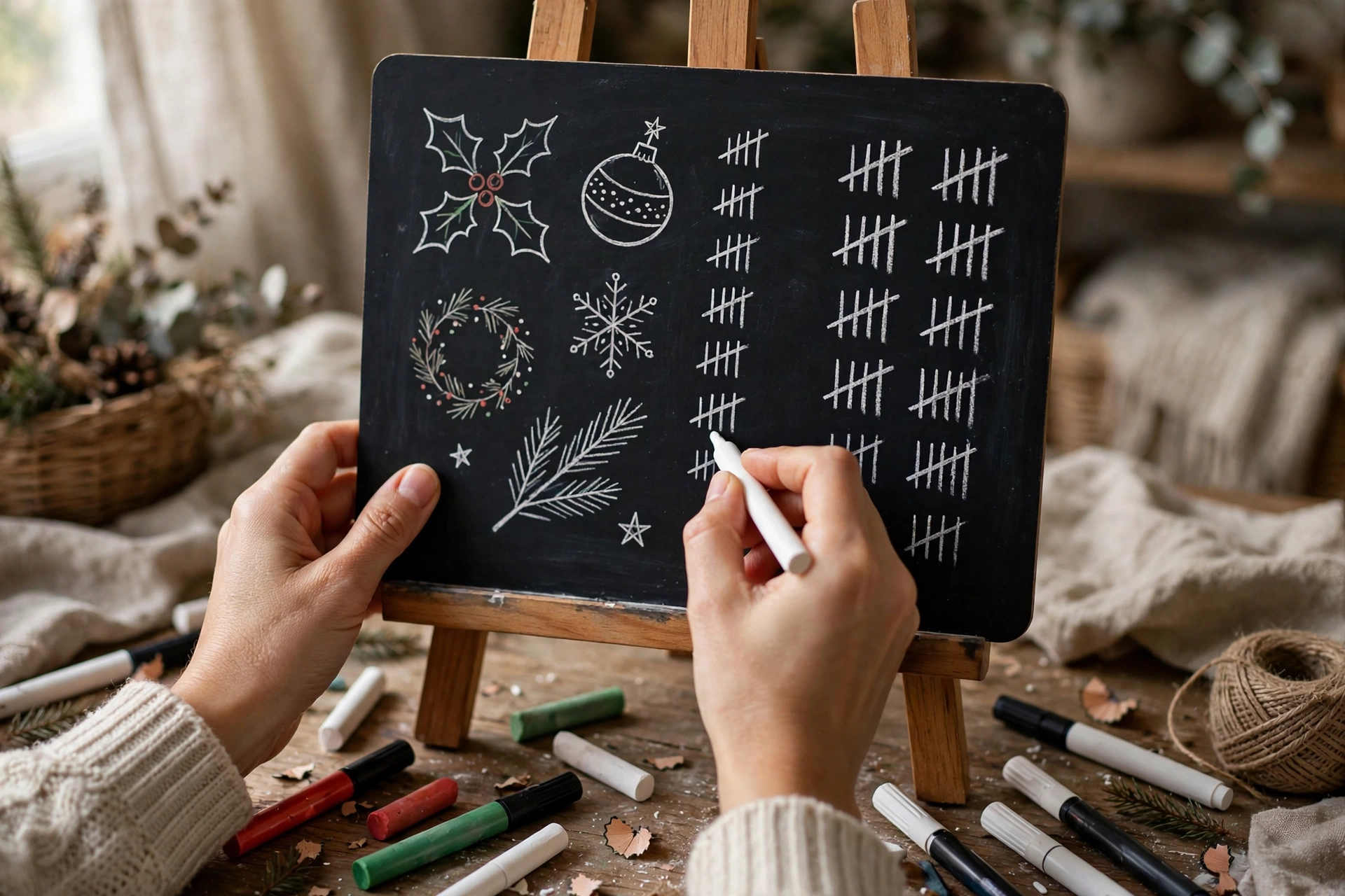 Chalkboard Christmas countdown sign framed with pine boughs