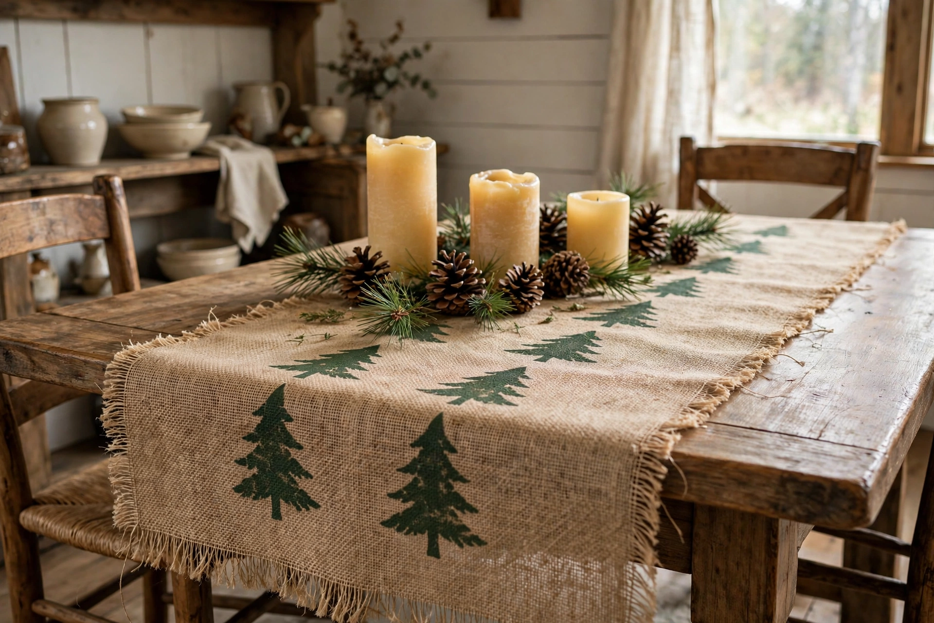 No-sew burlap table runner with stencilled Christmas message