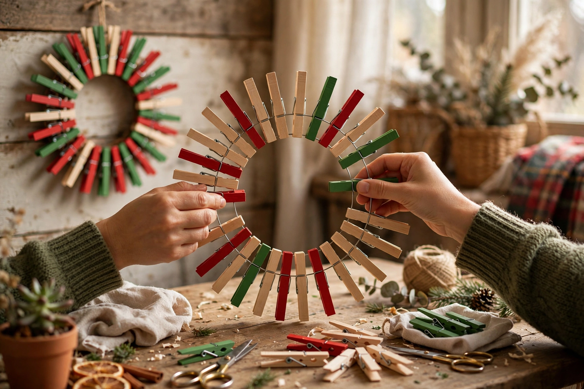Painted clothespin Christmas wreath with a festive bow