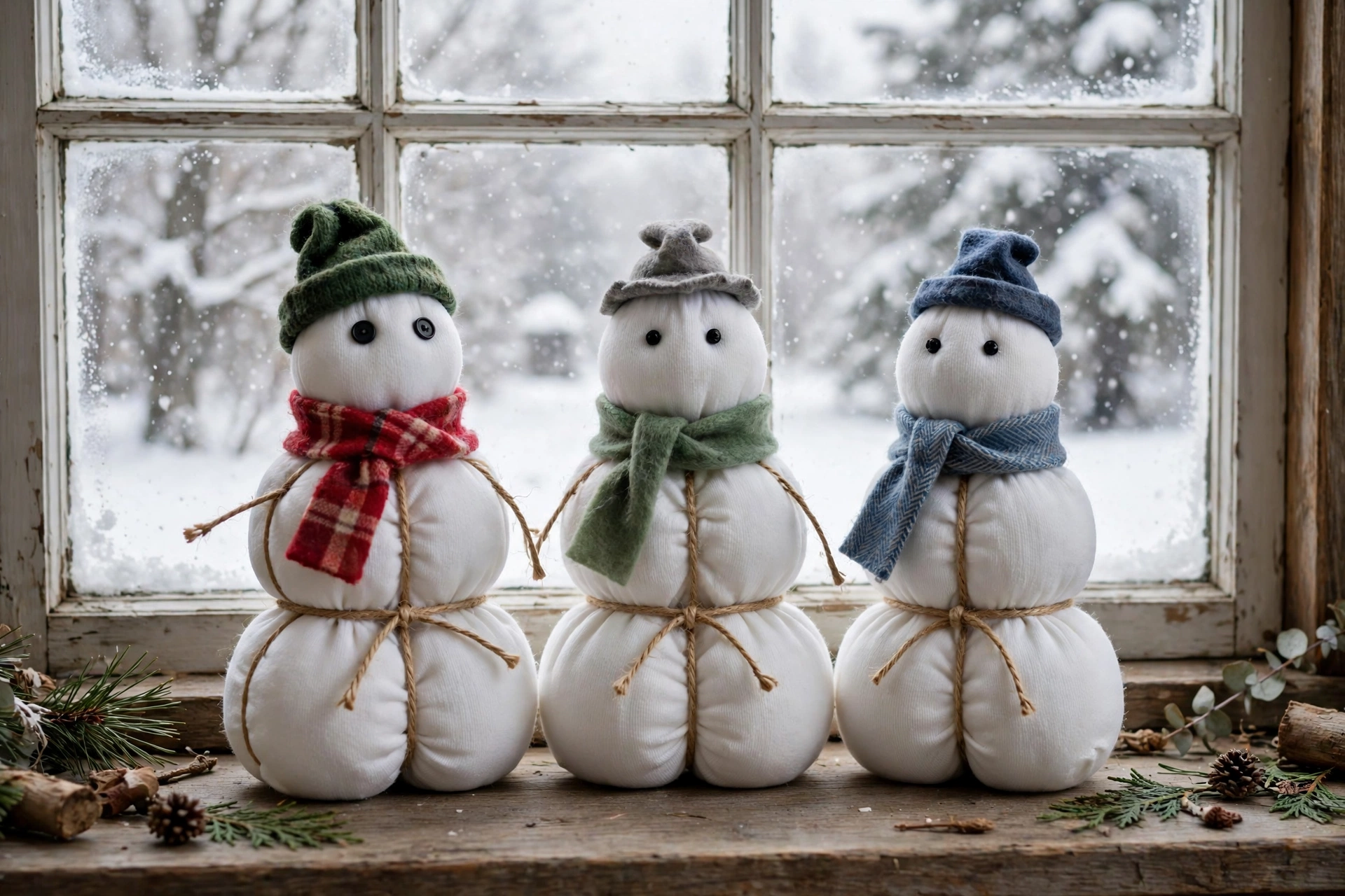 Squishy sock snowmen with button eyes and knit hats