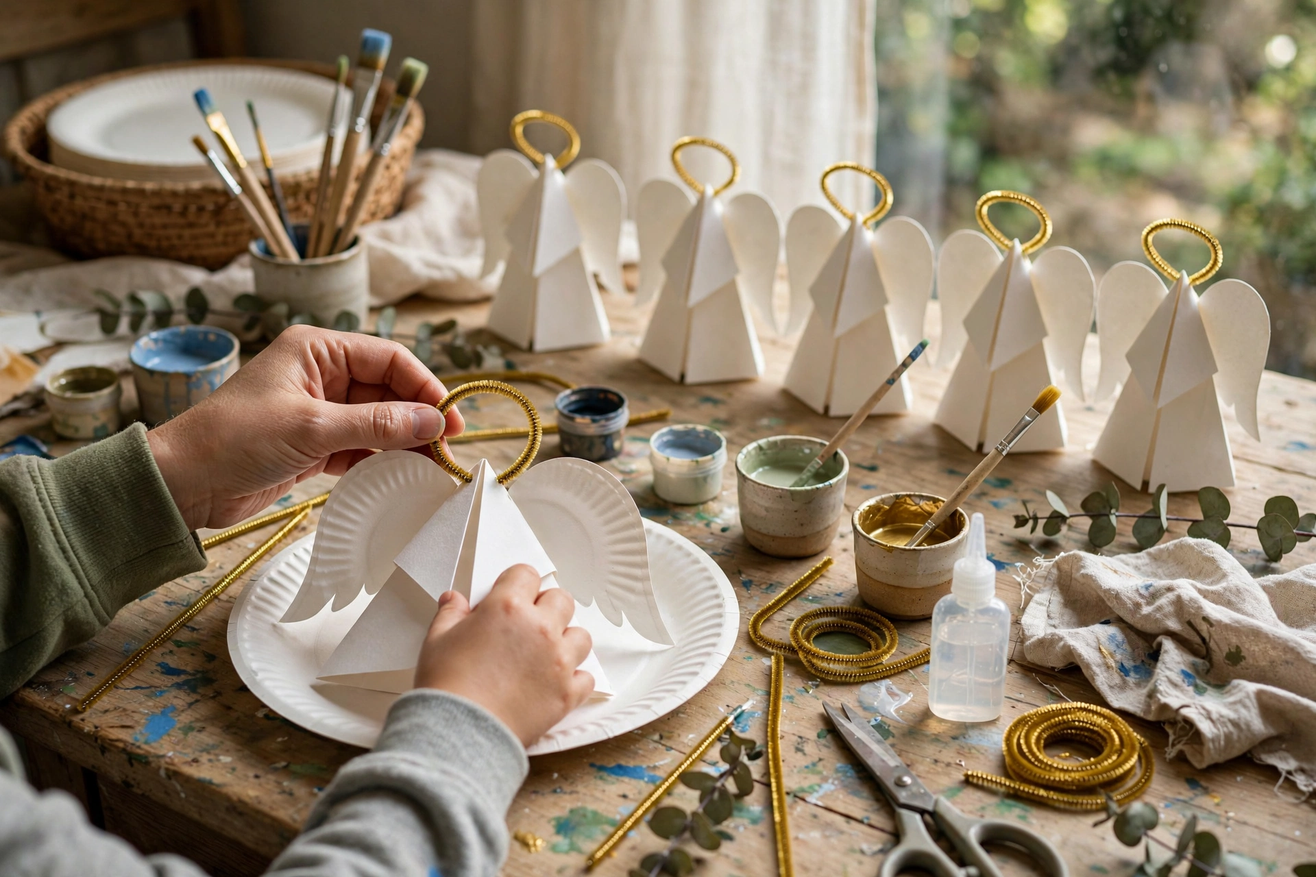 Gold paper plate angels with white doily wings