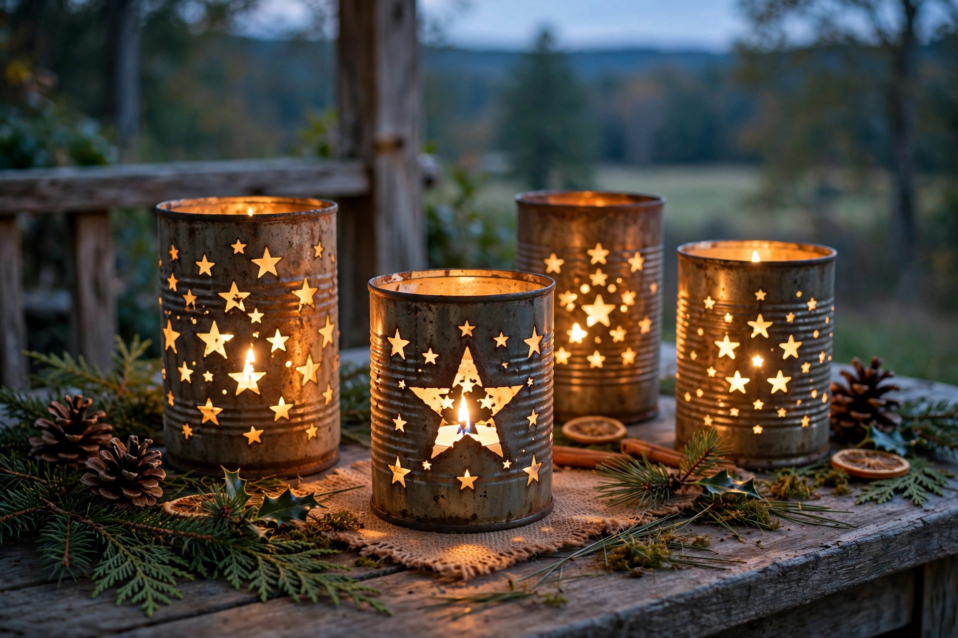 Glowing tin can lanterns with punched star patterns