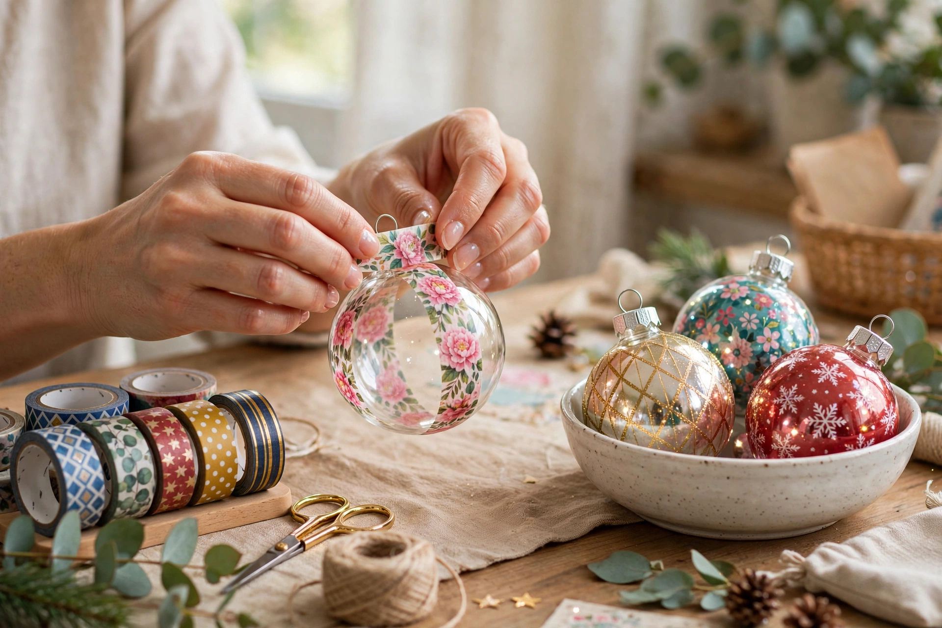 Glass Christmas baubles wrapped in festive washi tape
