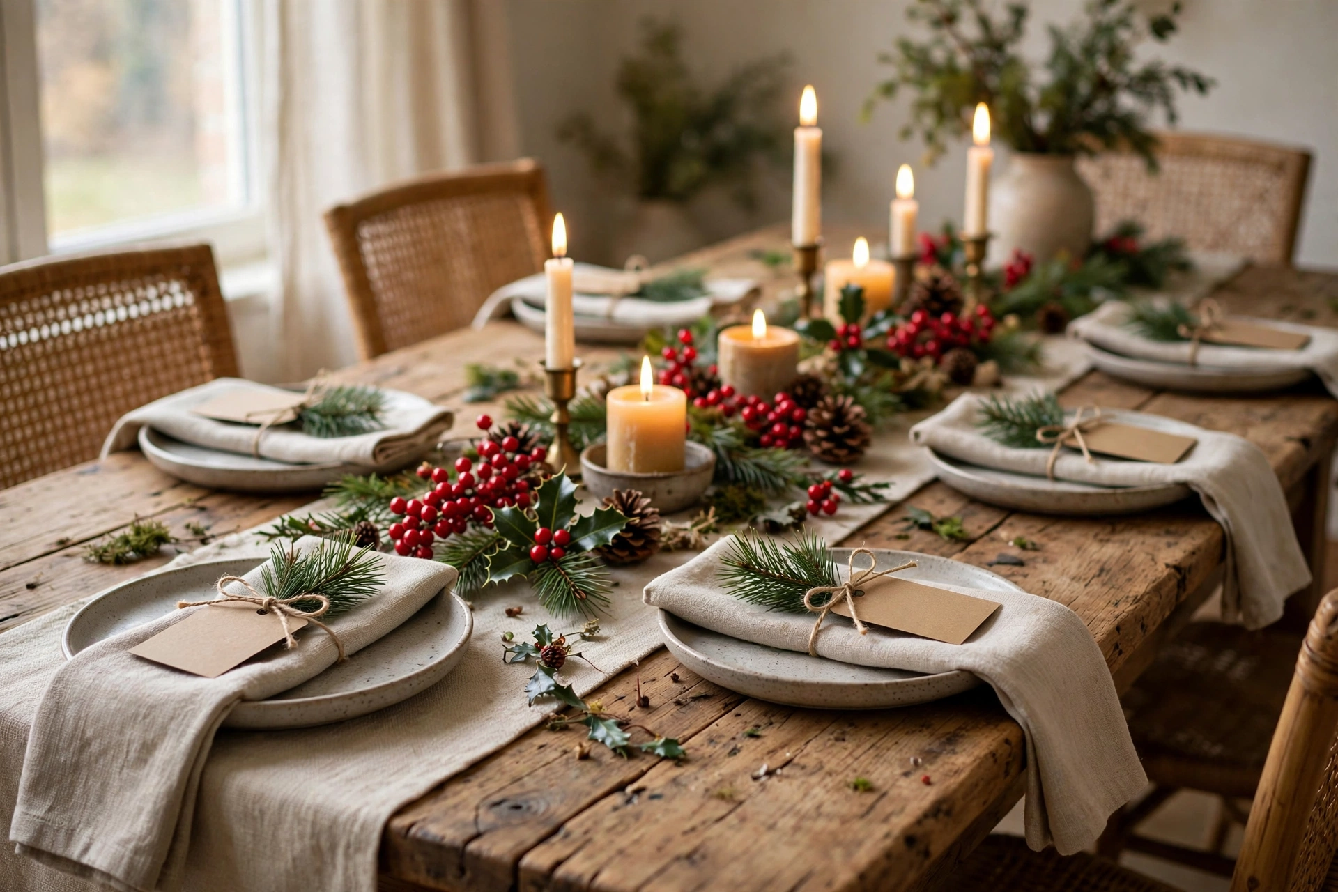 Kraft paper place cards with pine sprigs and gold lettering