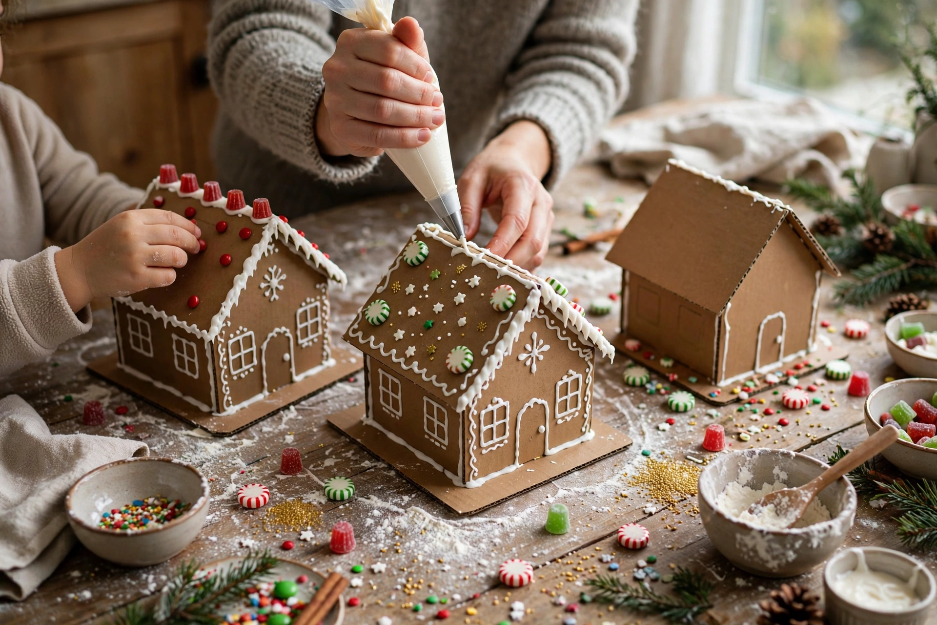 White cardboard gingerbread houses with puffy paint icing