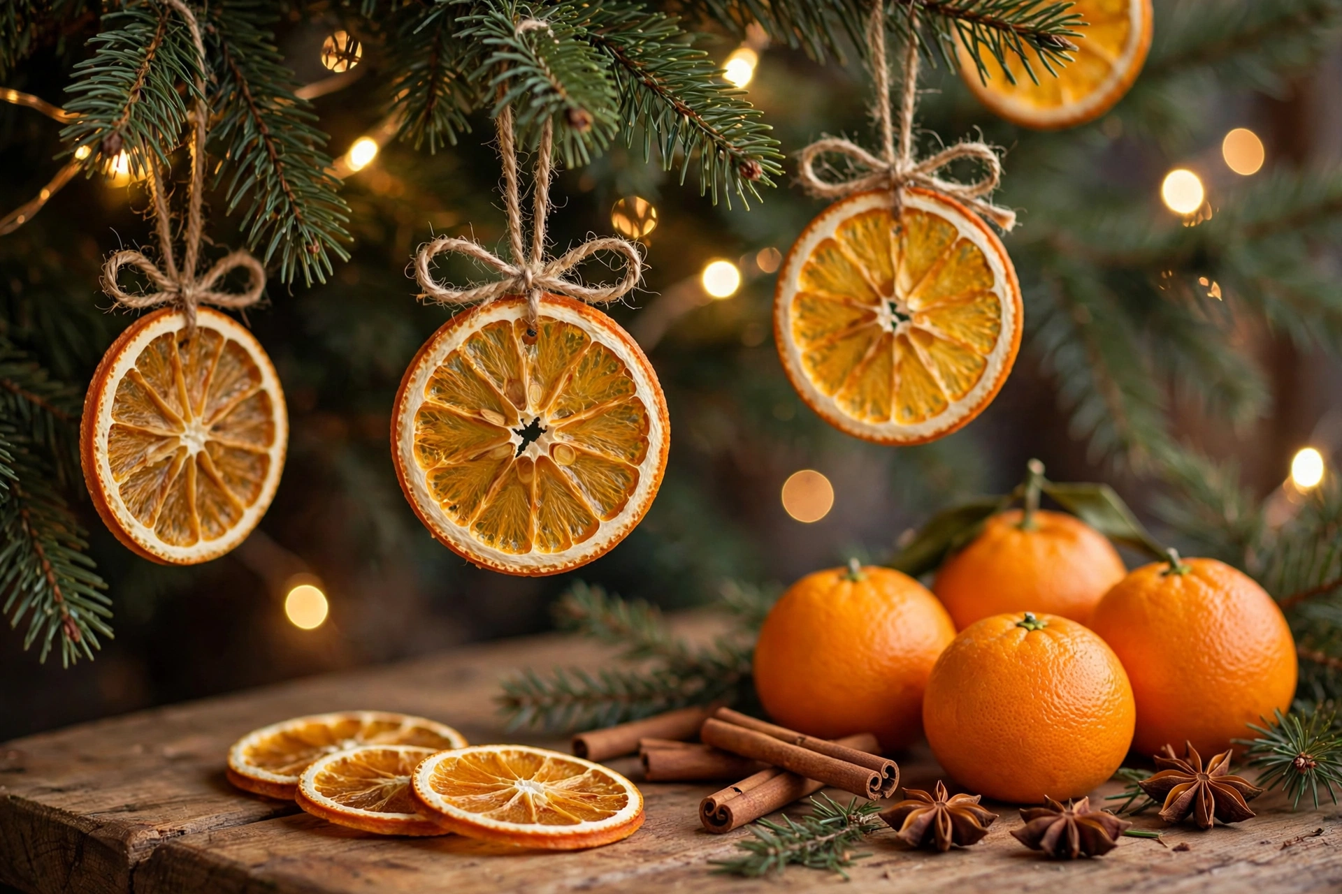 Dried orange slice ornaments glowing like stained glass against Christmas tree lights
