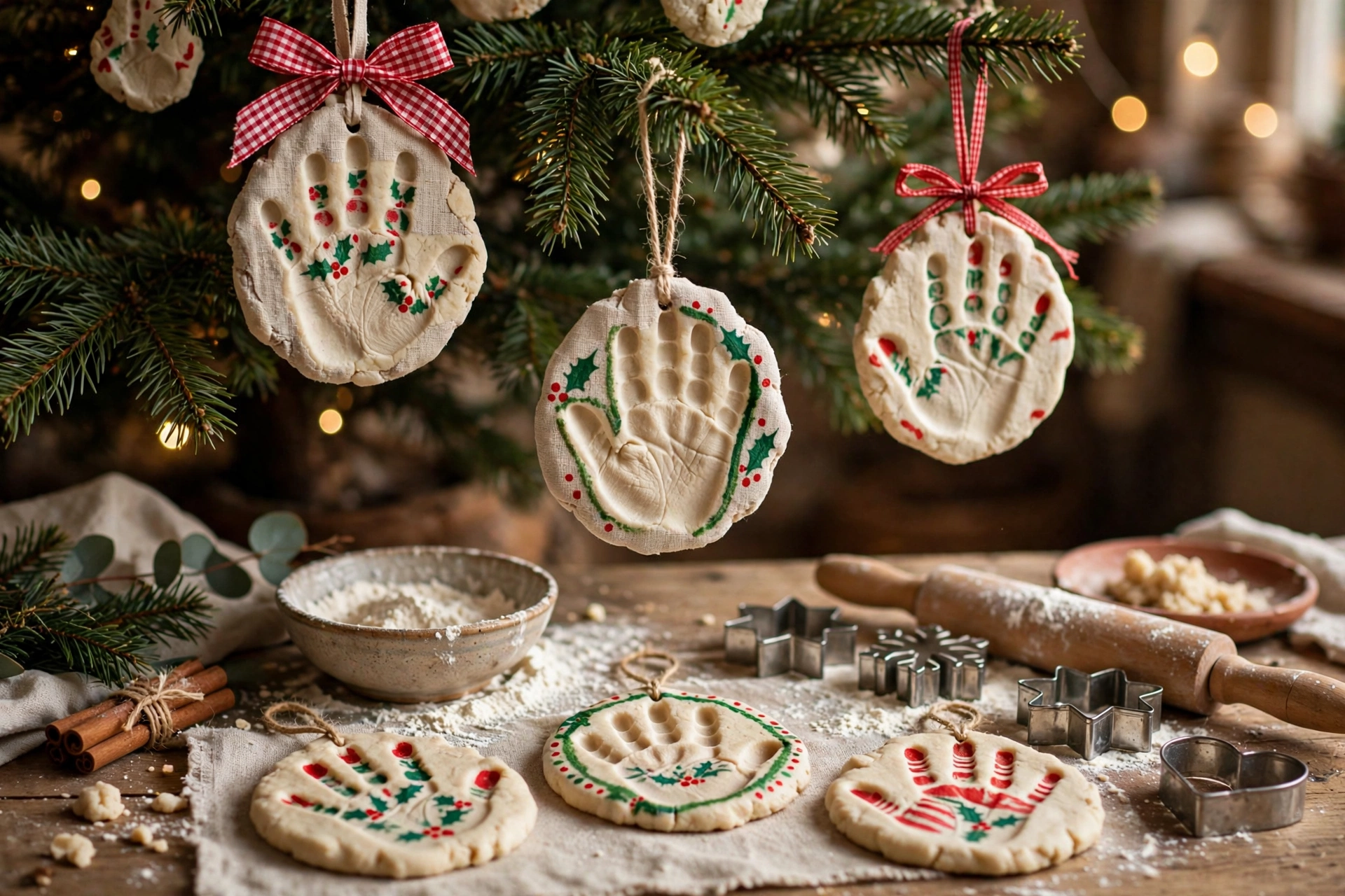 Salt dough handprint keepsake ornaments painted white and gold