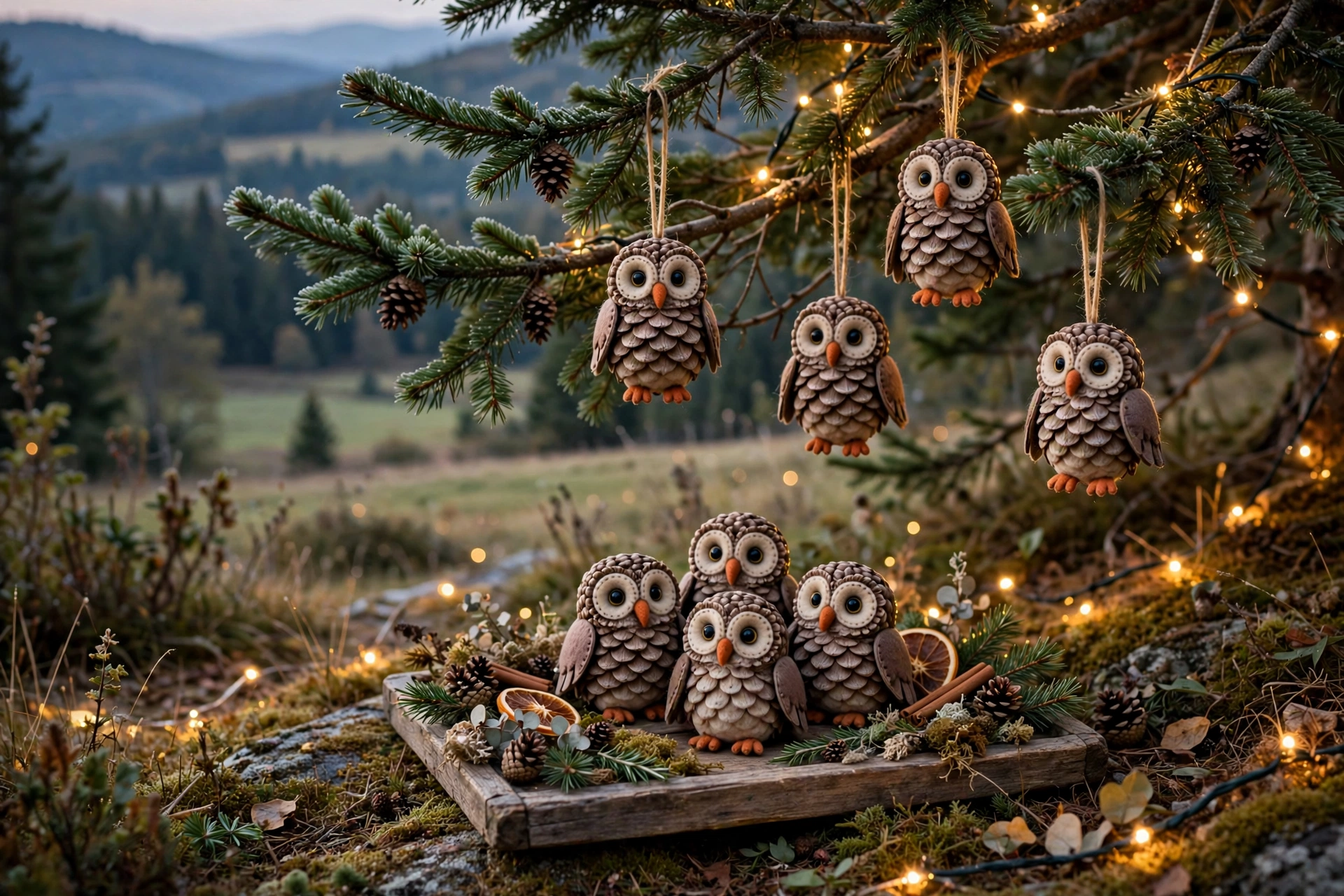 Pinecone owl ornaments with felt wings, googly eyes and tiny beaks