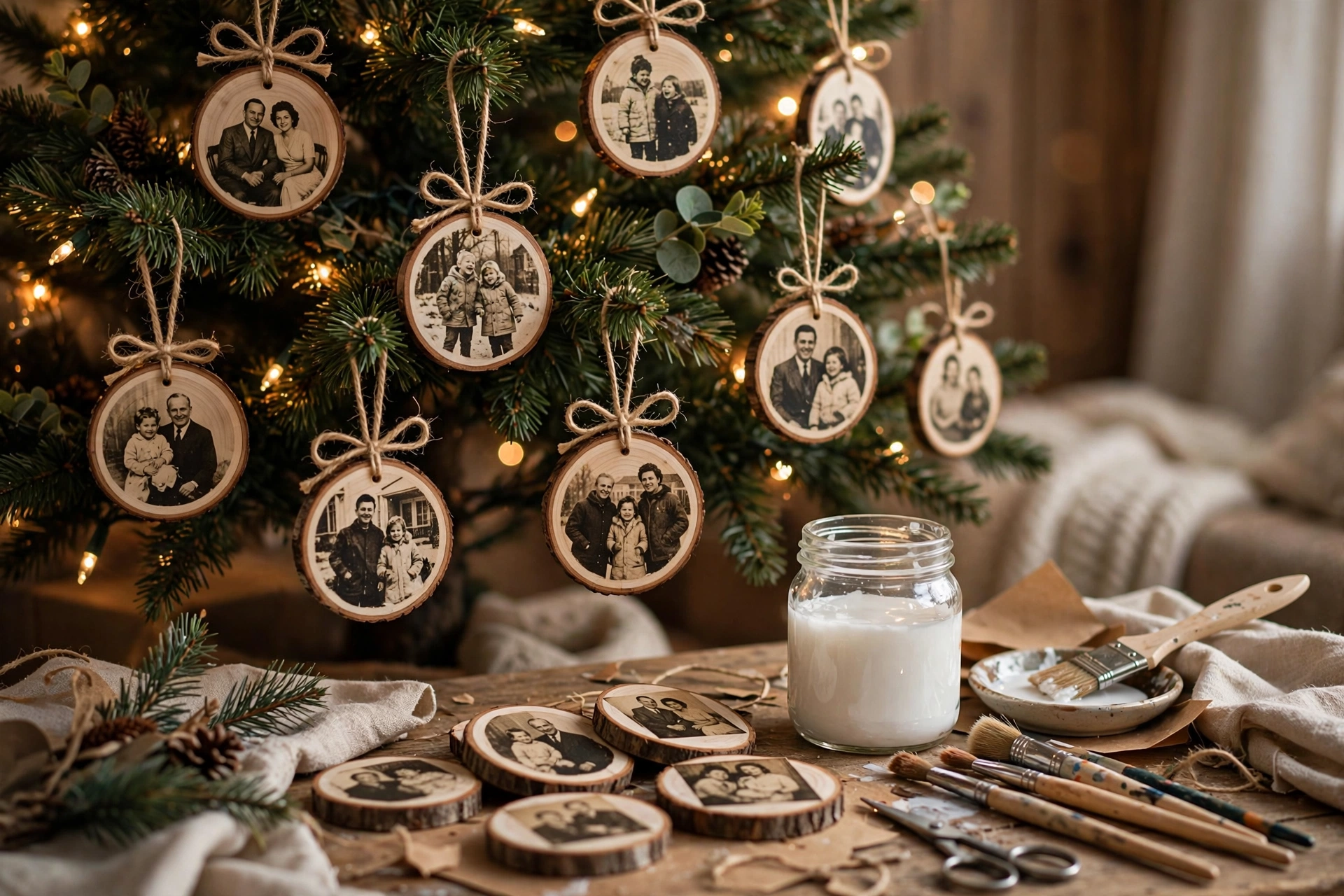 Family photo transfer ornaments on rustic wood slices
