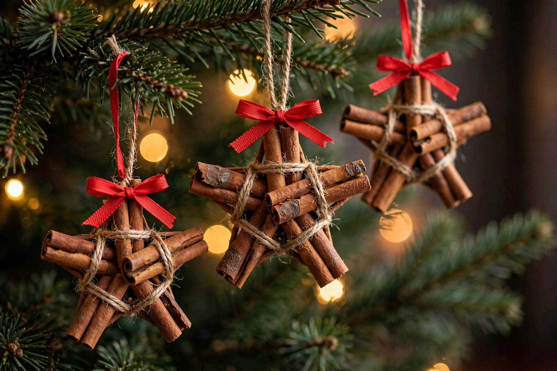 Cinnamon stick star ornaments tied with twine and a small bow