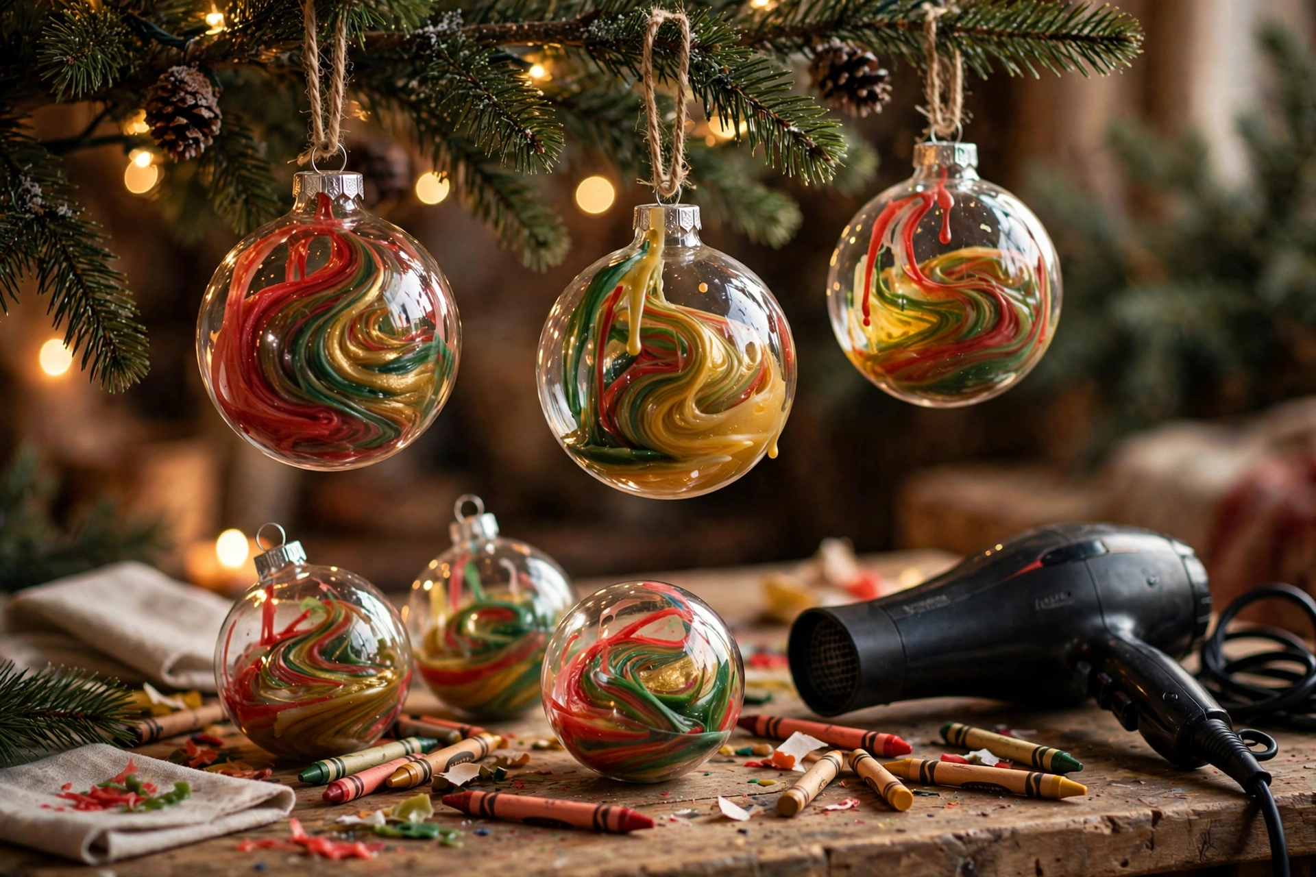 Melted crayon ornaments with swirled marble colours inside clear glass baubles