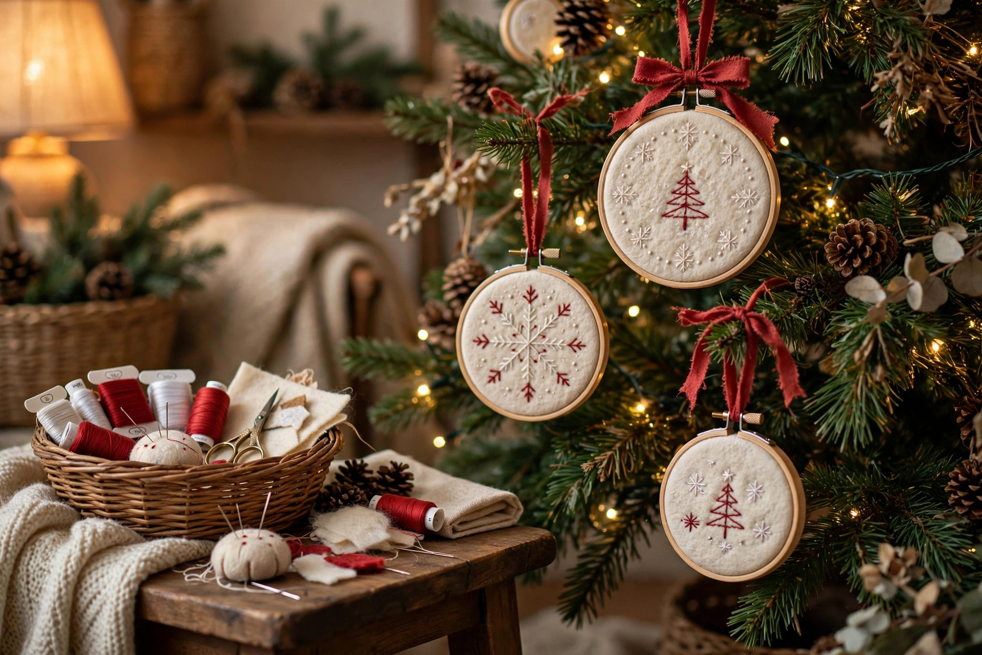 Embroidered felt hoop ornaments with stitched snowflake designs