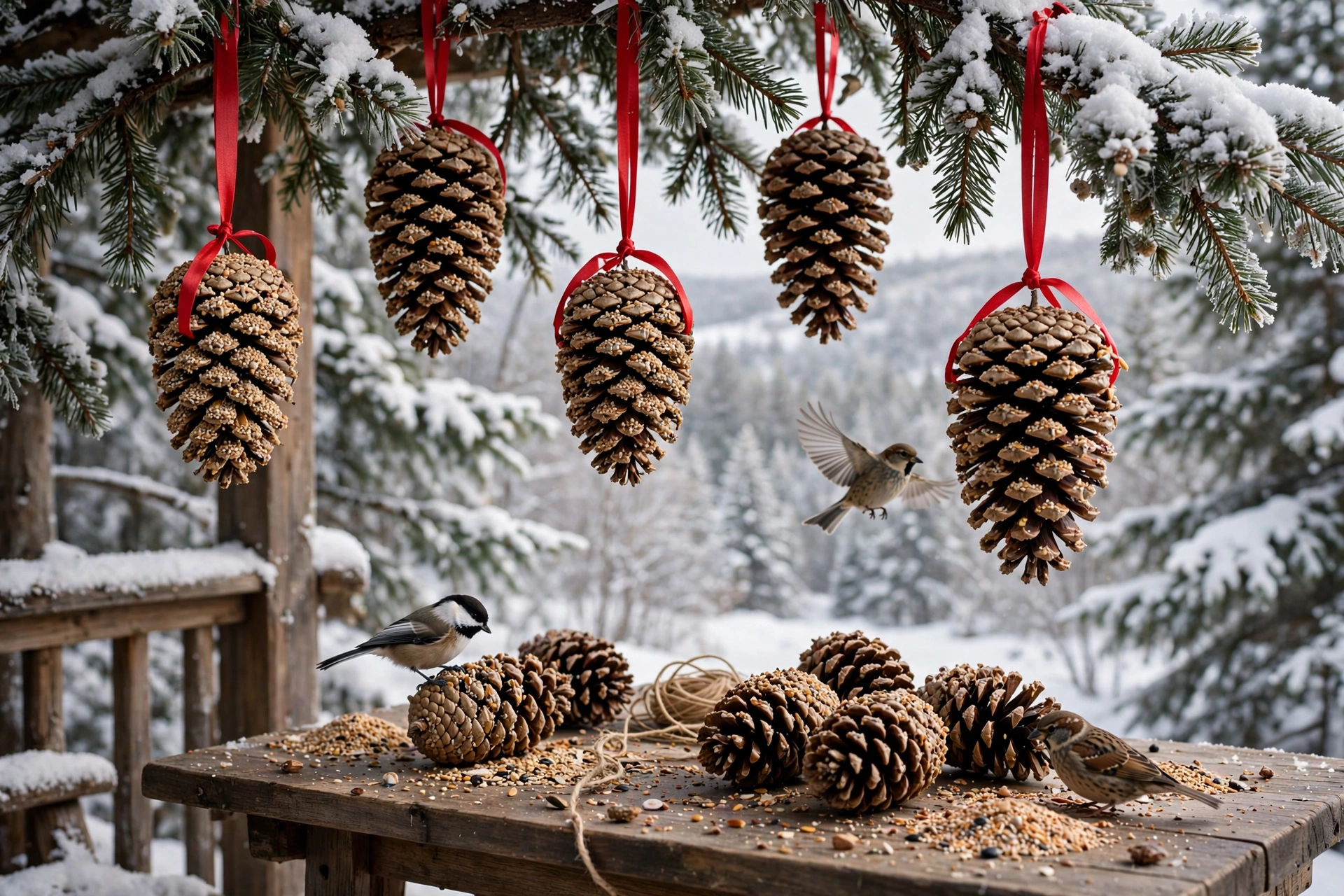 Birdseed pinecone feeder ornaments hung with ribbon