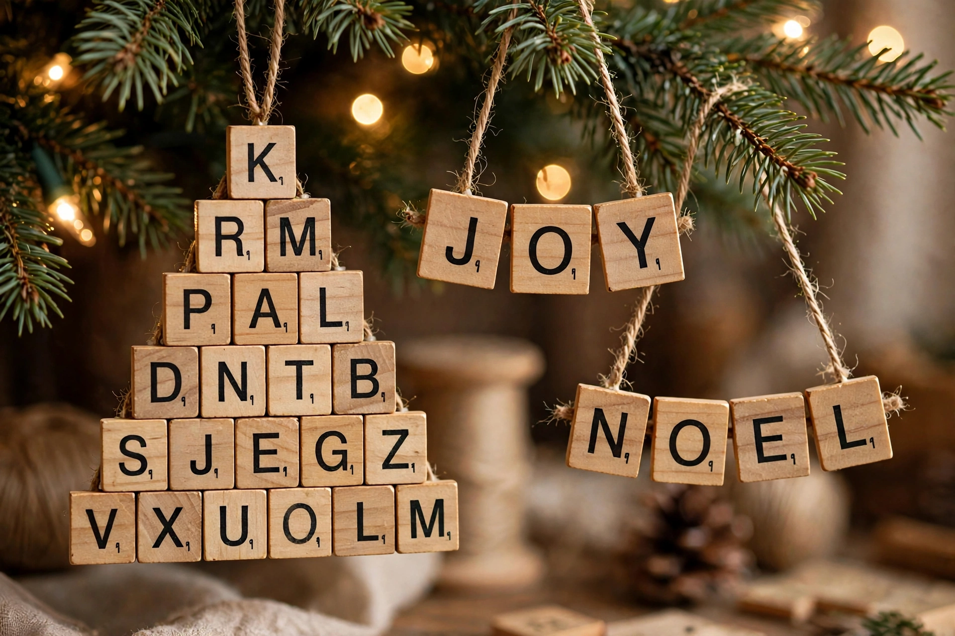 Scrabble tile ornaments spelling festive words like JOY and NOEL
