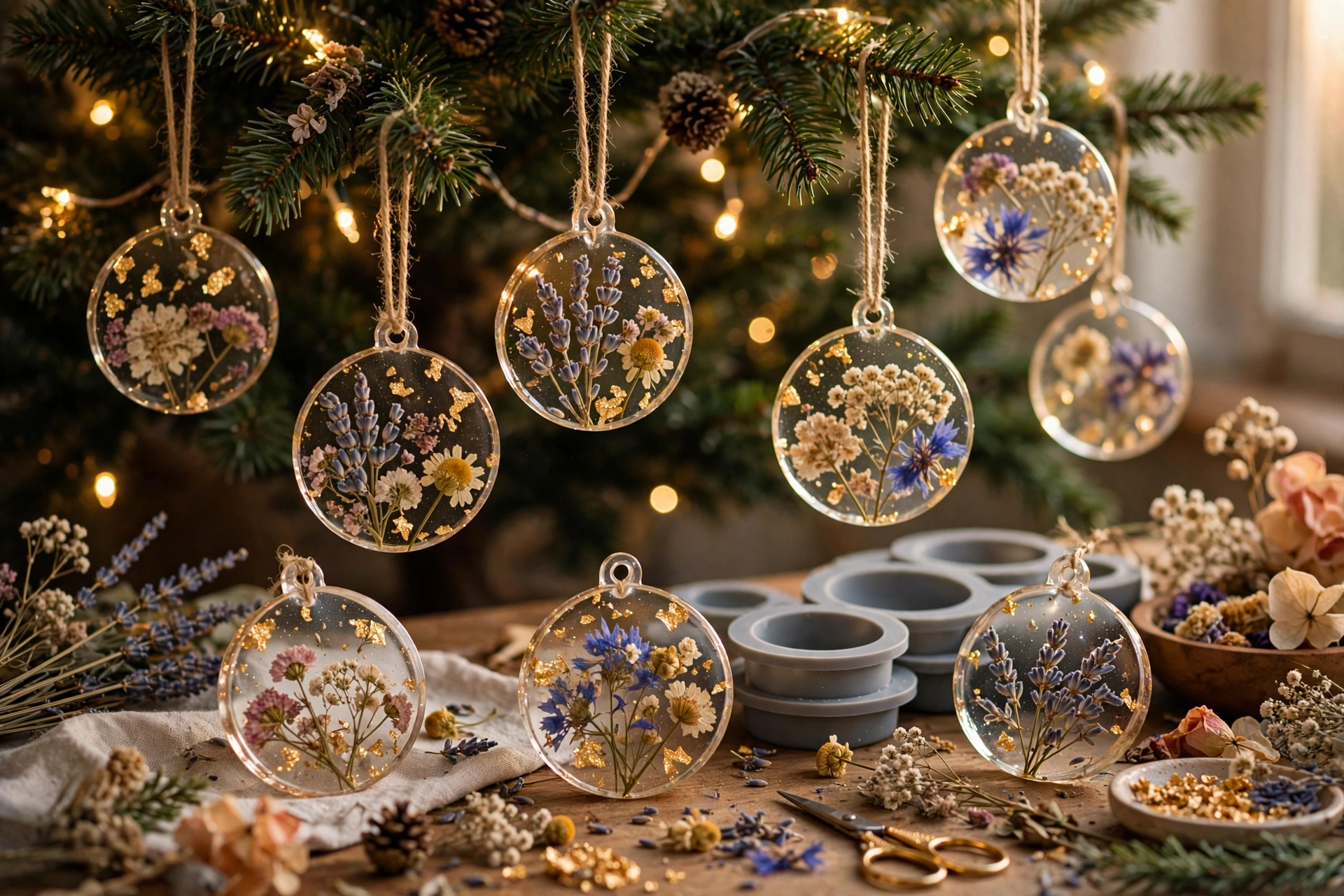 Dried flower resin ornaments catching the light like jewels