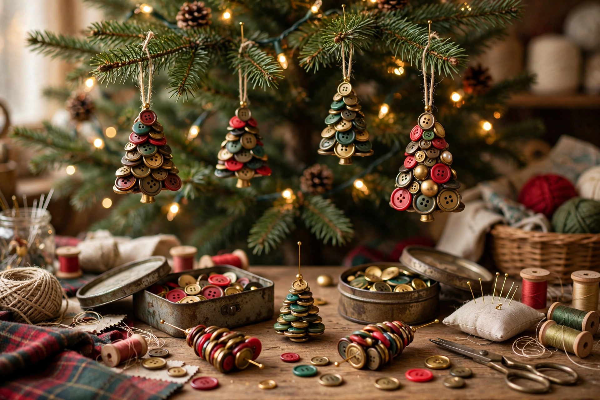 Button Christmas tree ornament stacked from green and gold buttons