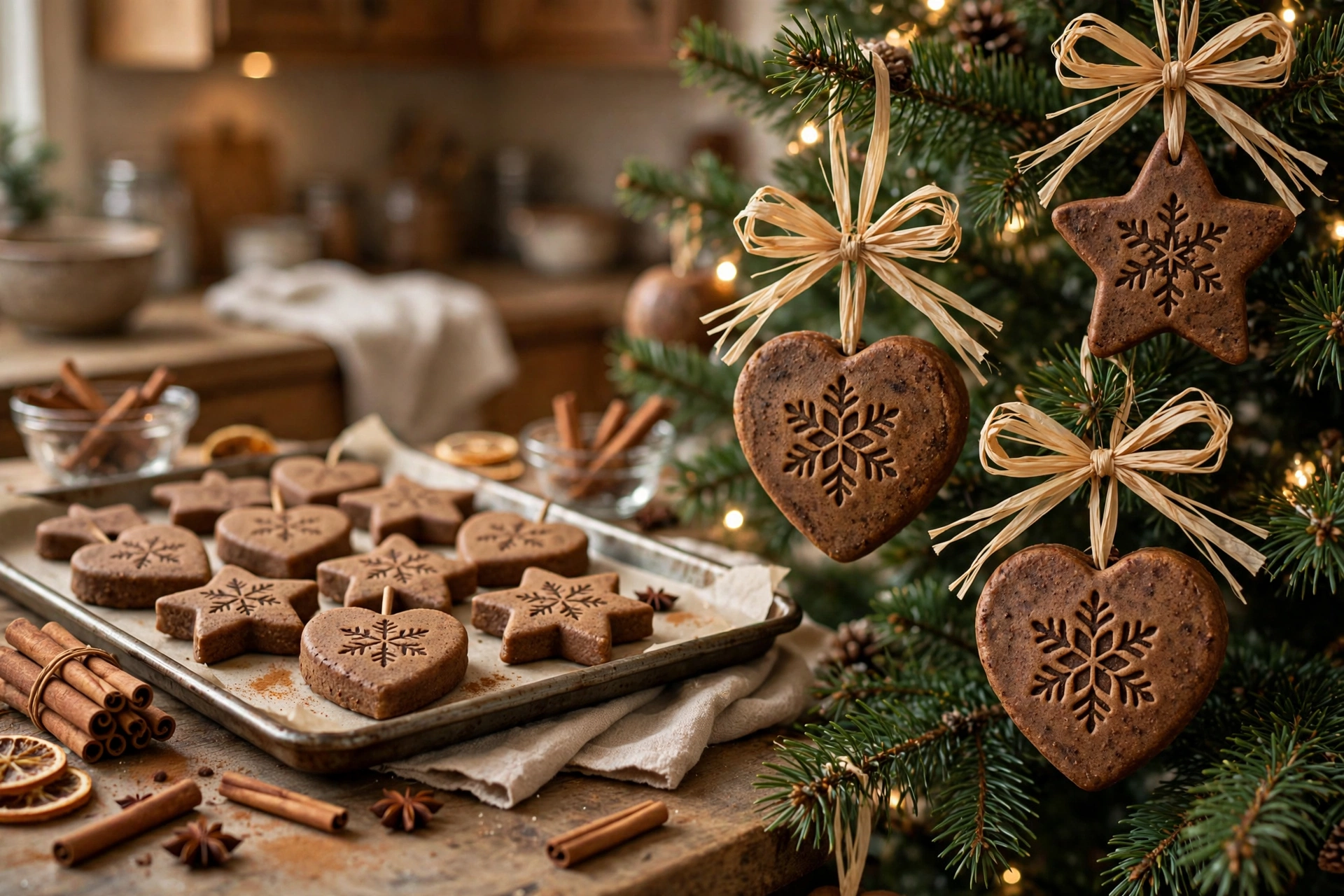 Cinnamon applesauce ornaments cut into festive shapes