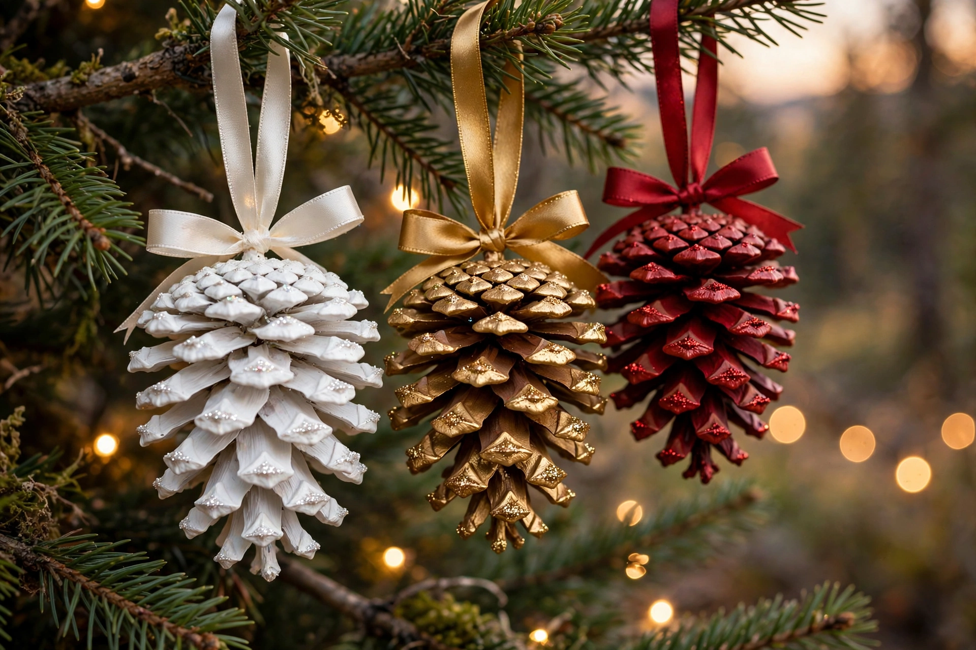 Painted pinecone ornaments in metallic gold and silver with velvet ribbon