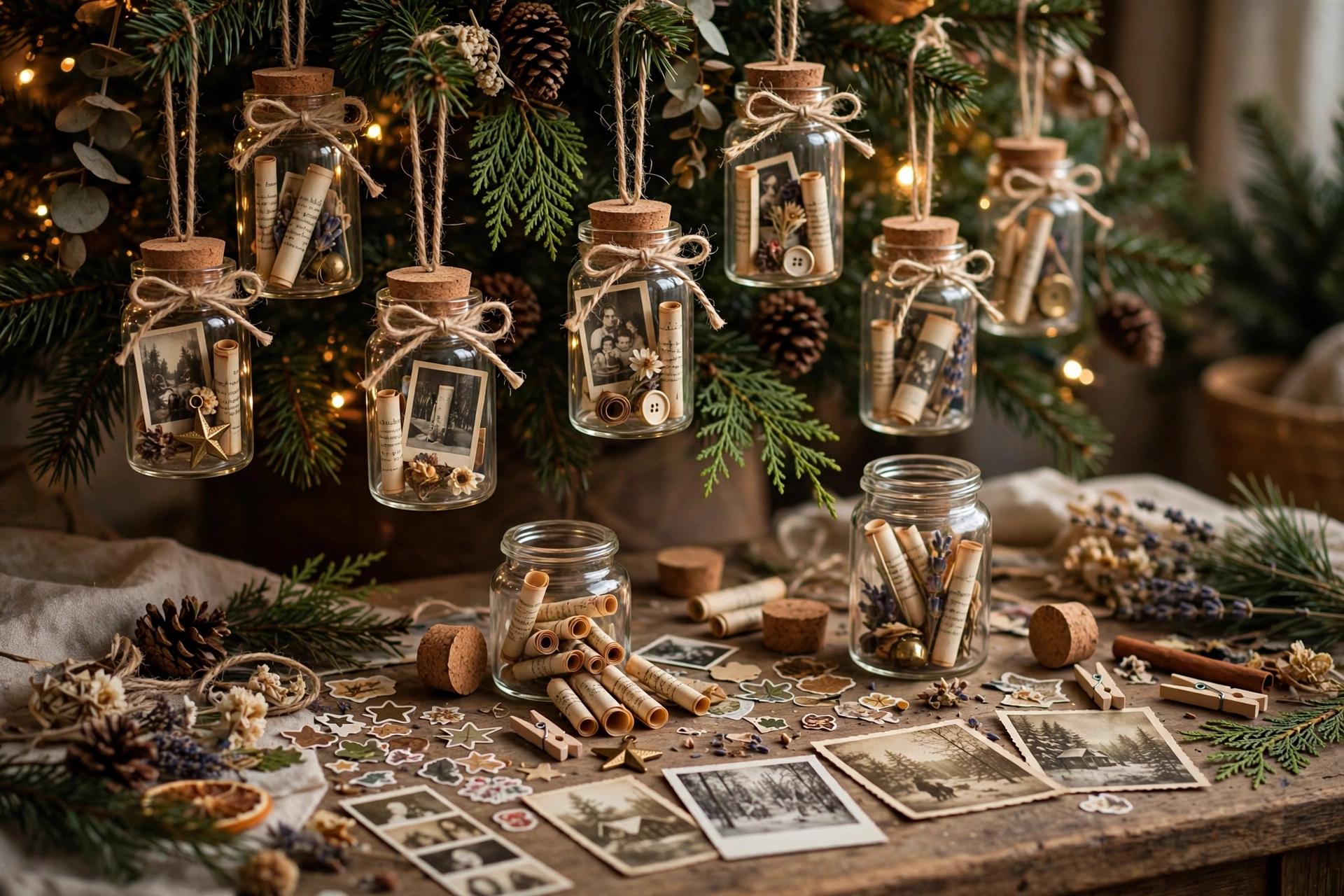 Memory jar ornaments filled with tiny scrolls of paper memories