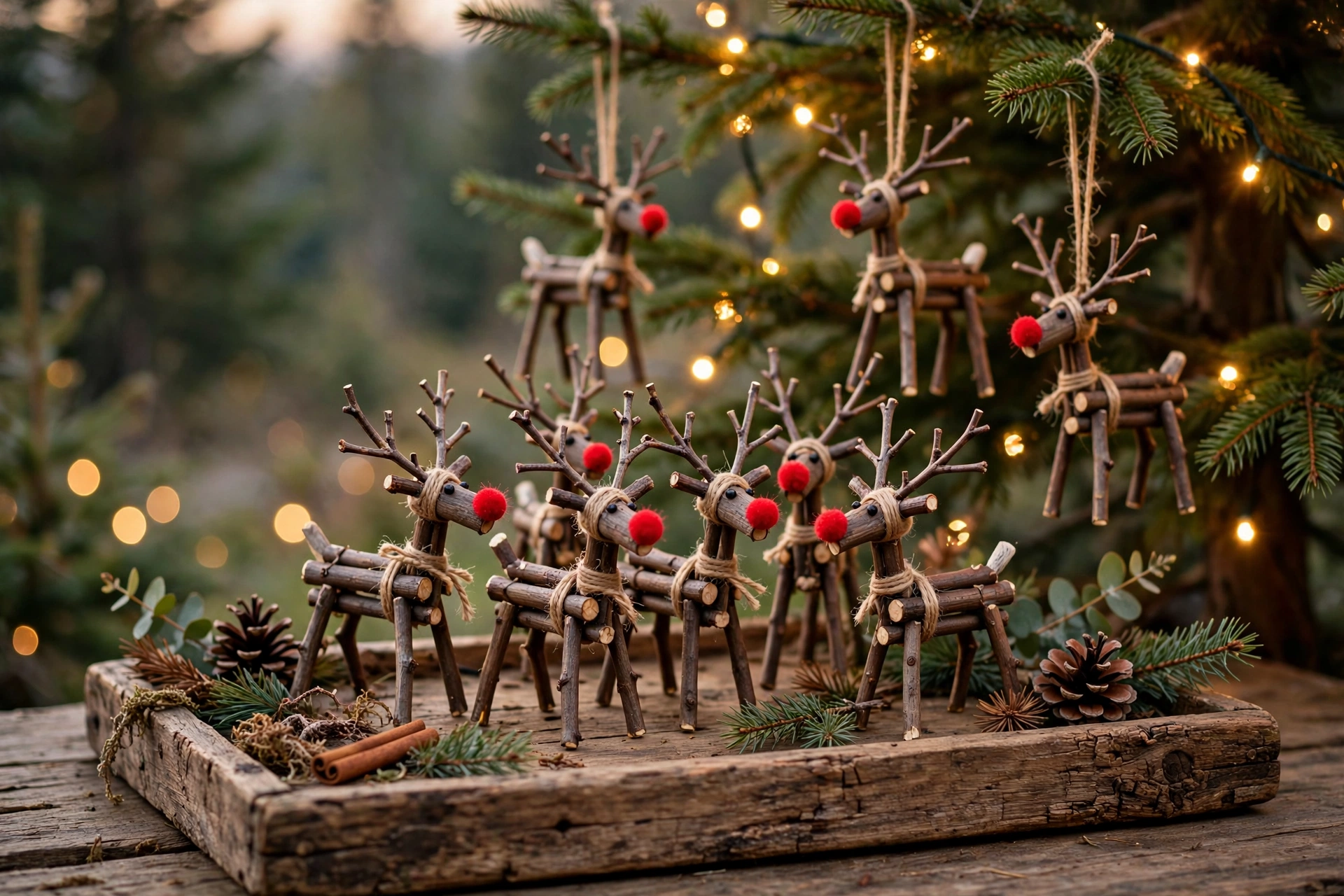 Twig reindeer ornaments with googly eyes and red pom-pom noses