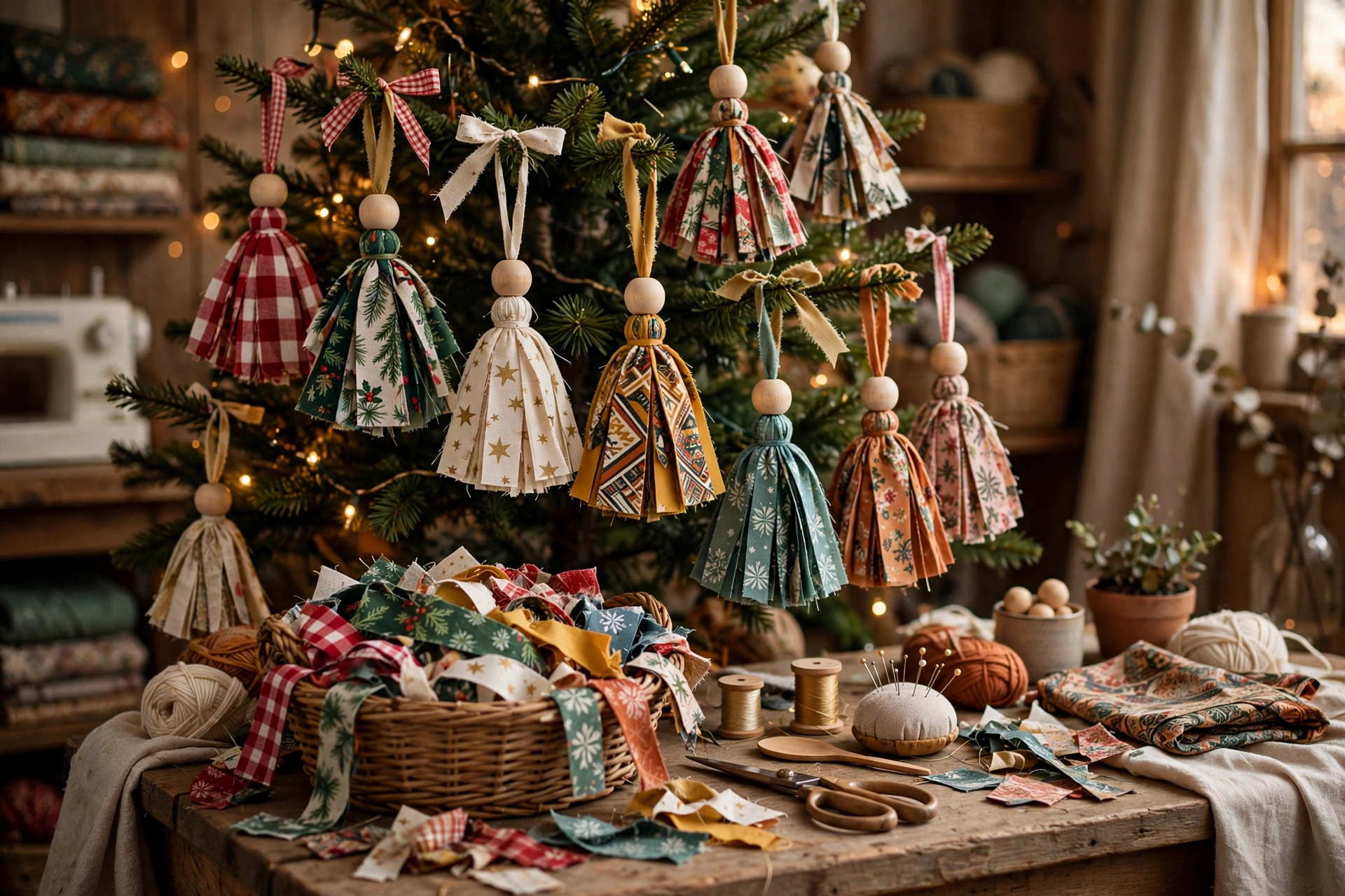 Fabric scrap tassel ornaments in Christmas colours around a wooden bead