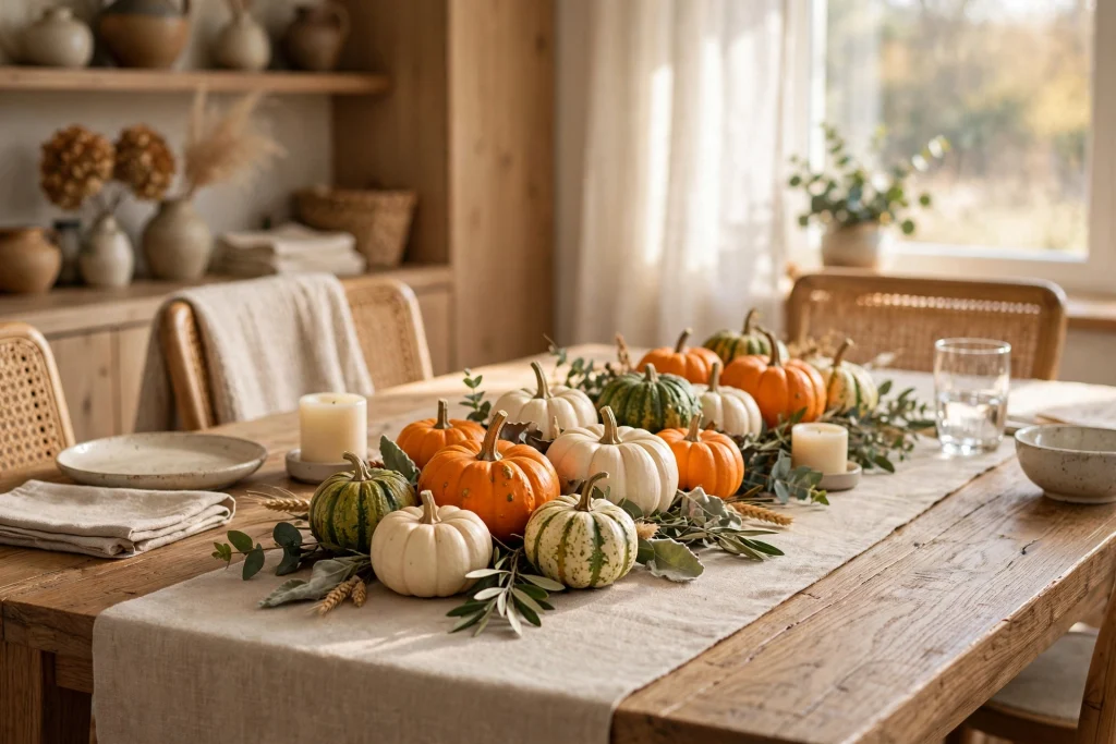 A row of mini pumpkins in orange, white, and green lined down the center of a fall table