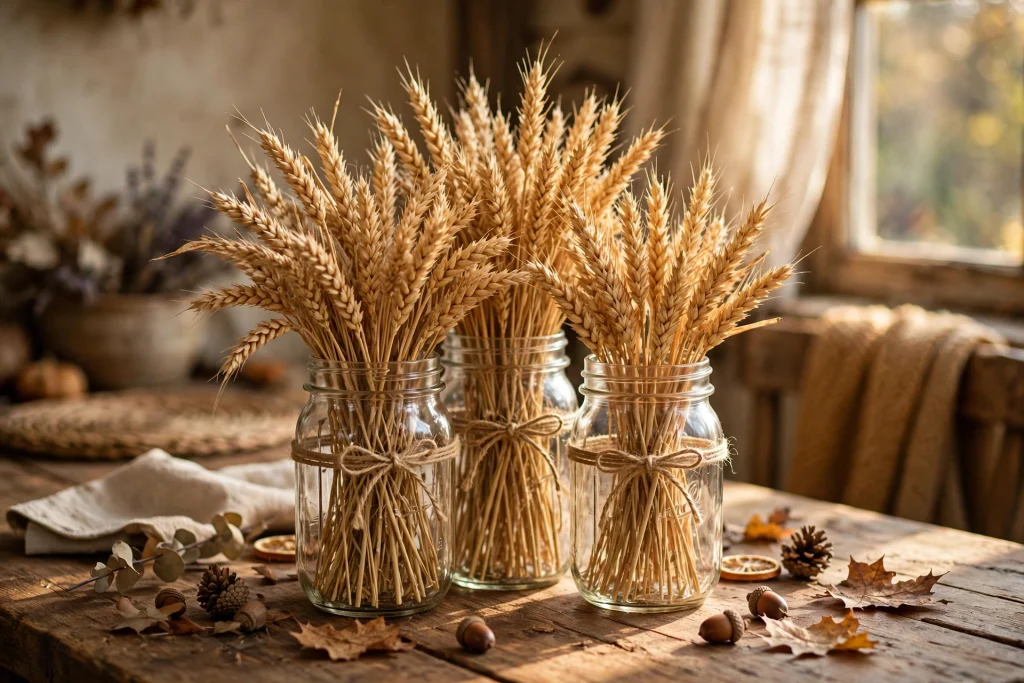 Dried wheat stalks arranged in mason jars tied with twine for a fall centerpiece