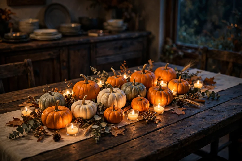 Battery-operated tealights glowing among small pumpkins on an autumn table
