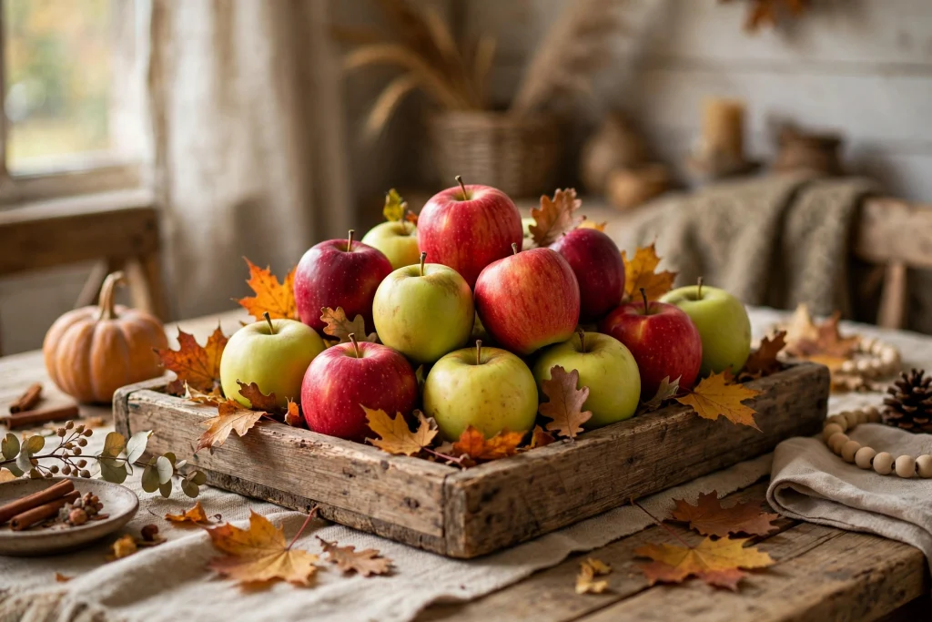 Fresh red and green apples piled in a wooden tray as a fall centerpiece