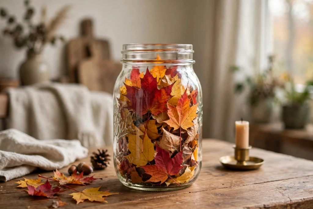 Colorful red, orange, and yellow fall leaves gathered in a clear glass jar
